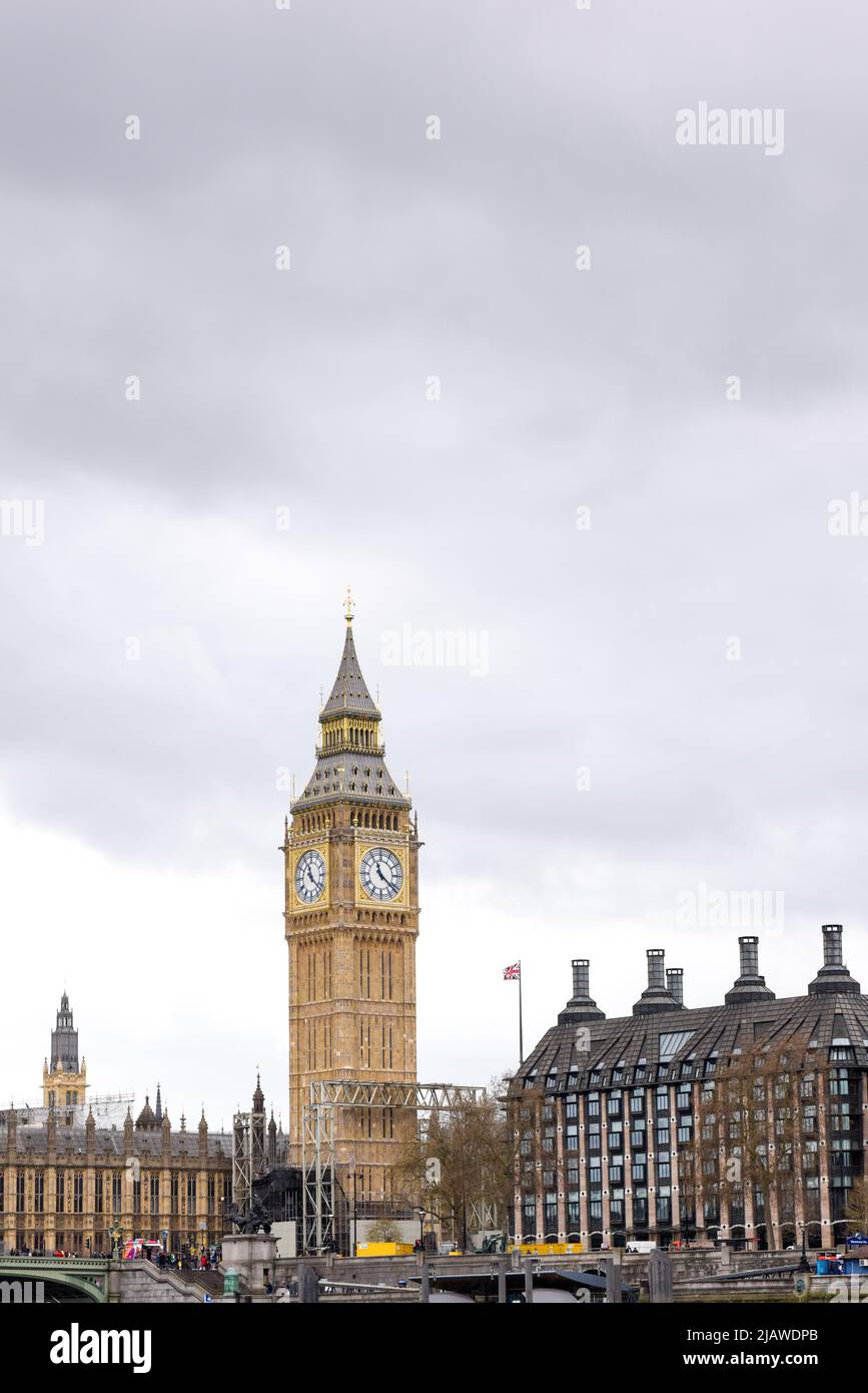 Westminster, London/ England - April 5 2022 - Big Ben is the clock housed in Elizabeth Tower in the Palace of Westminster and has been recently refurb Stock Photo