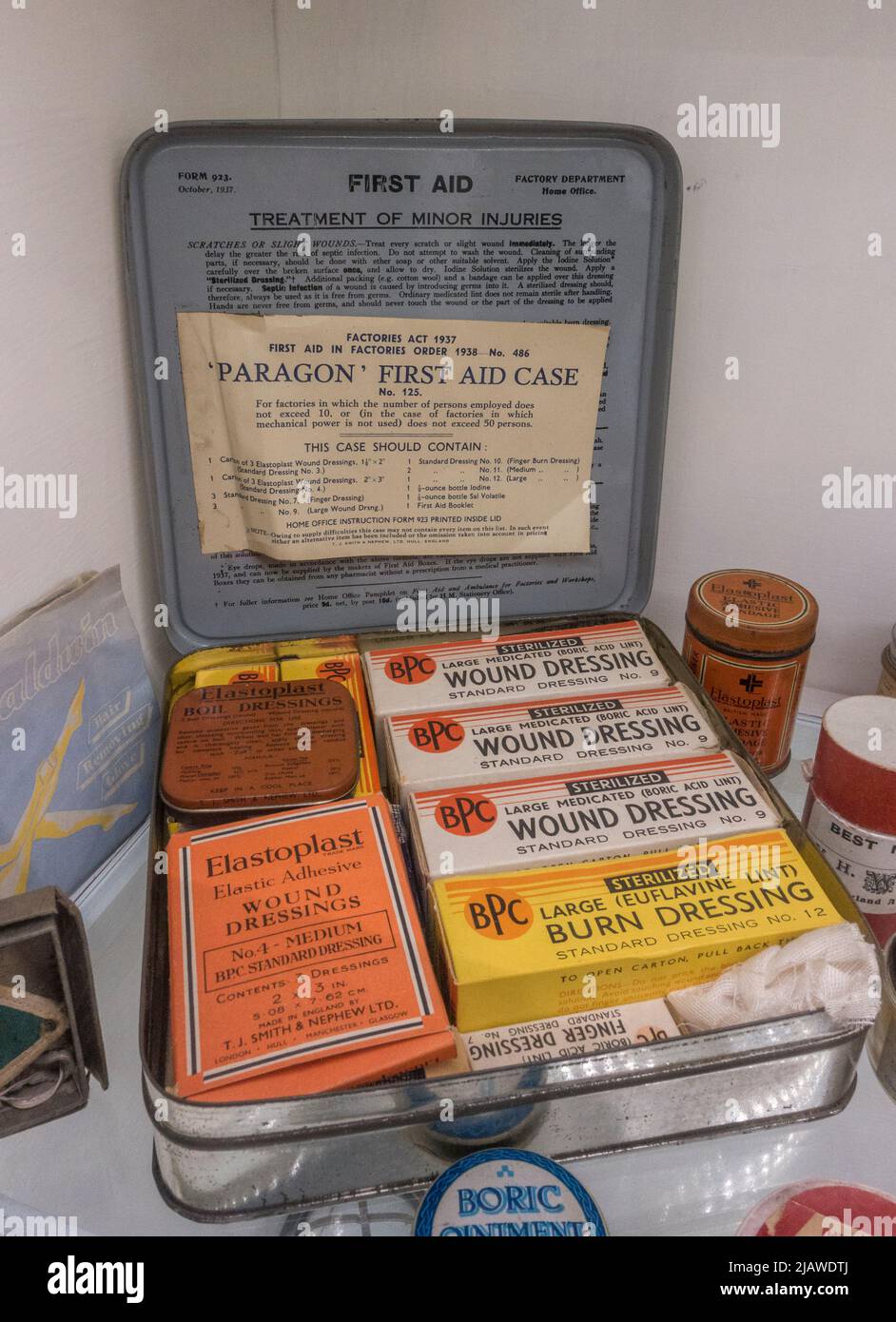 A WWII era first aid kit with wound and burn dressings/bandages in Eden Camp Modern History