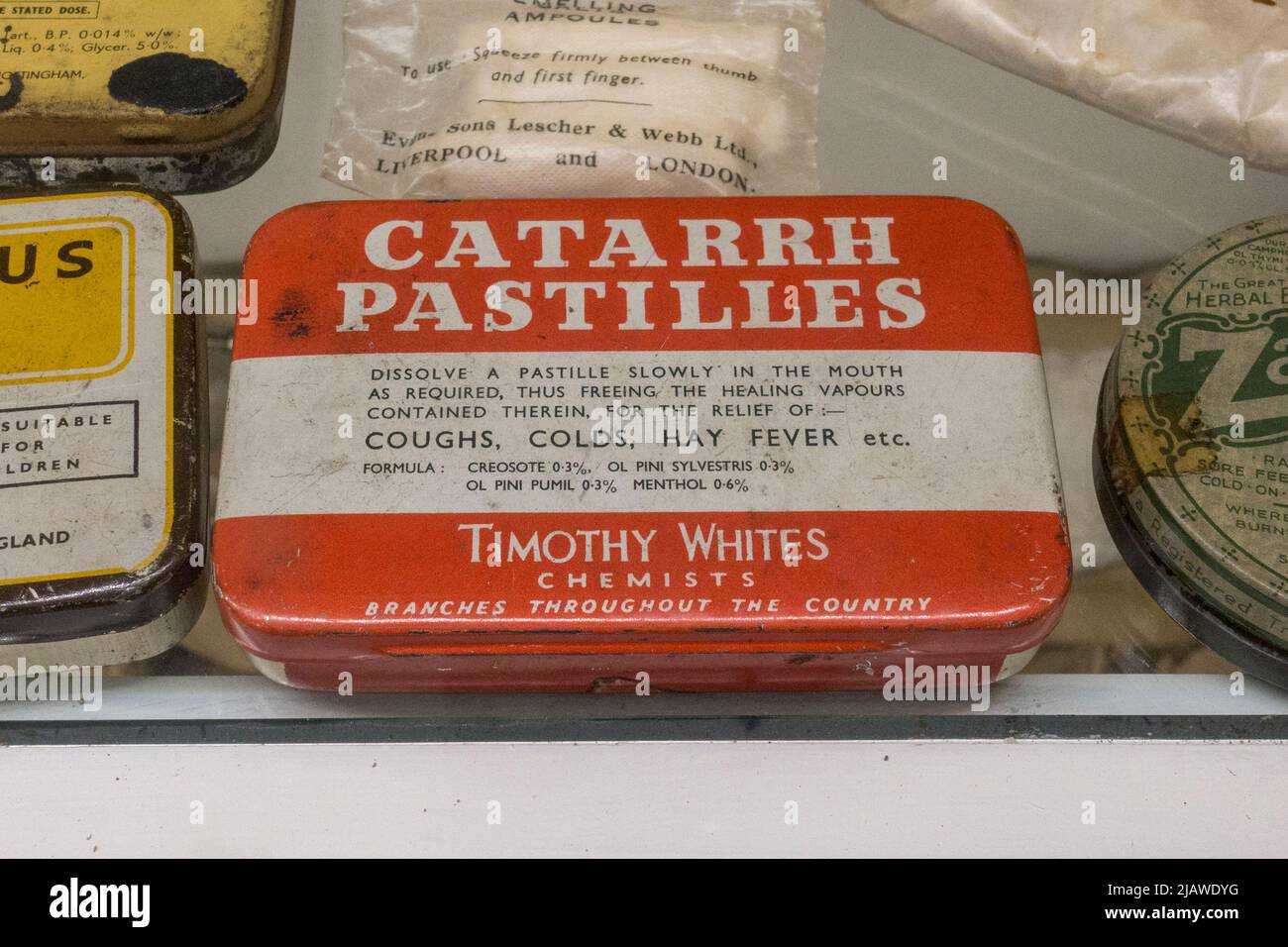 A tin of catarrh pastilles (Timothey Whites Chemists) in Eden Camp Modern History Theme Museum near Malton, North Yorkshire, England. Stock Photo