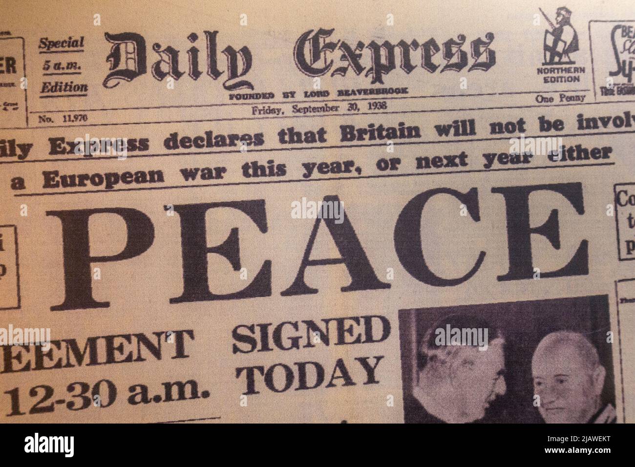"Peace" headline in the Daily Express newspaper on 30th September 1938 after Neville Chamberlain signed the Munich Agreement with Nazi Germany. Stock Photo