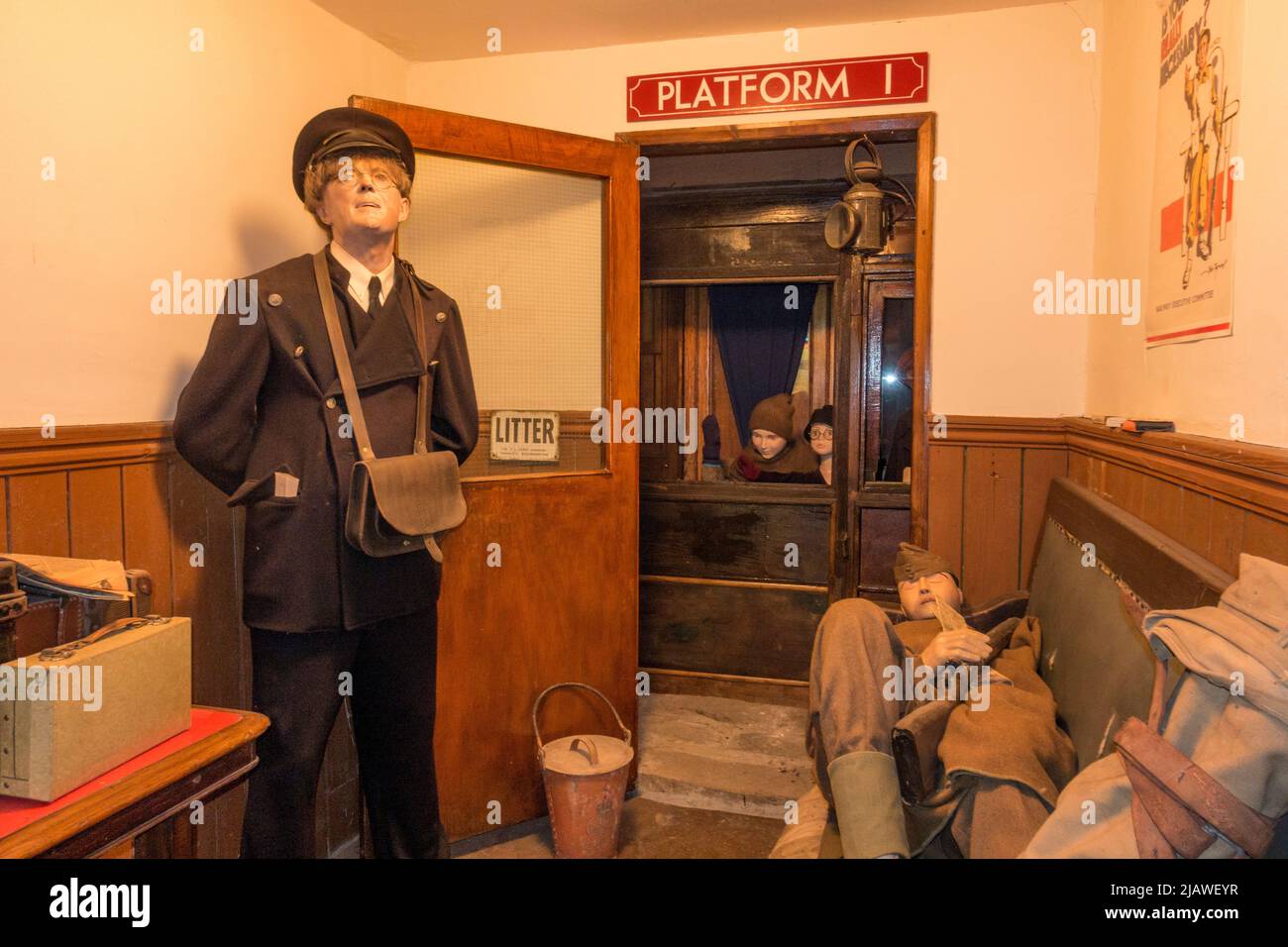 Train station waiting room during WWII diorama in the Eden Camp Modern History Theme Museum near Malton, North Yorkshire, England. Stock Photo