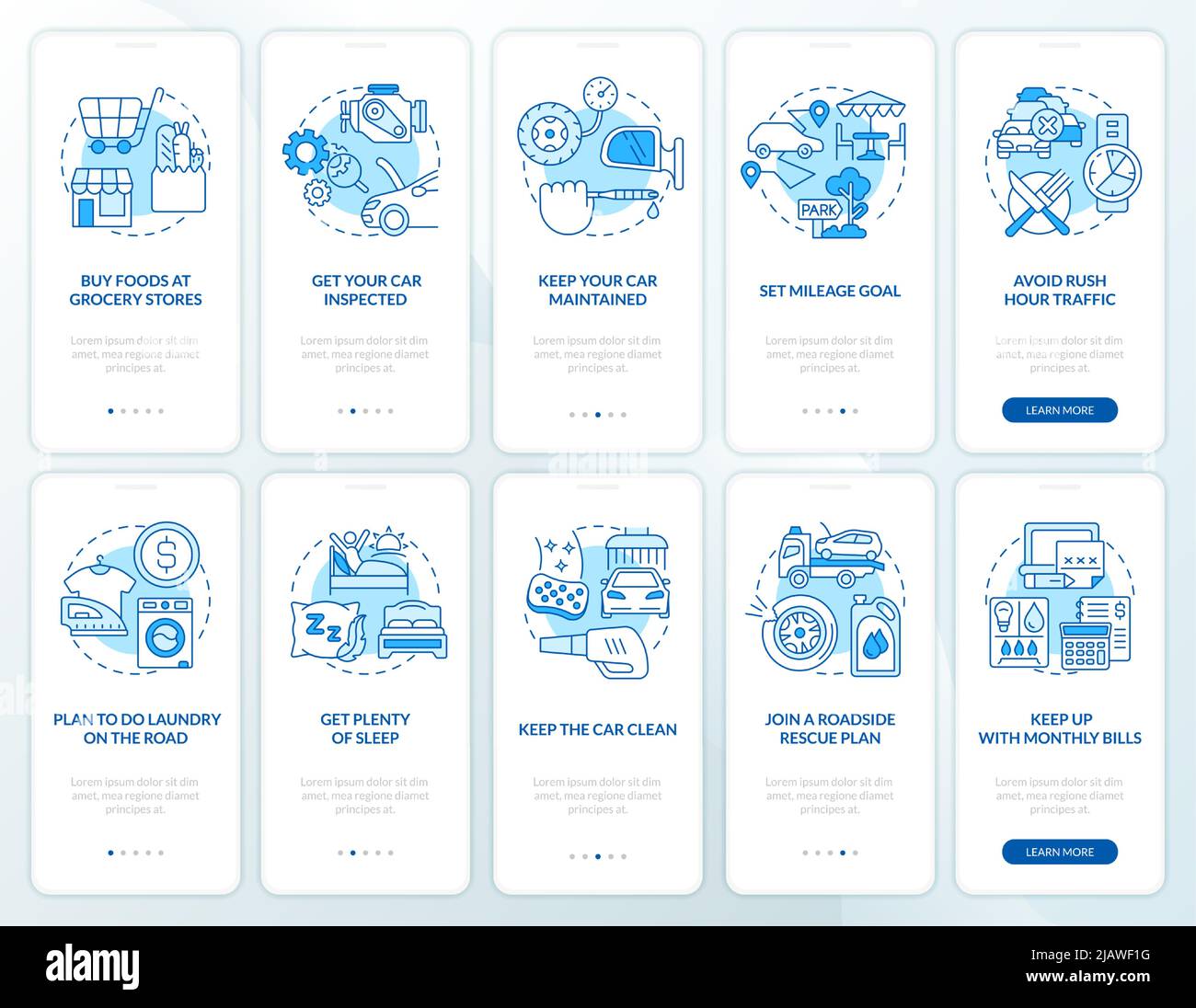 Road trip planning blue onboarding mobile app screen set Stock Vector ...