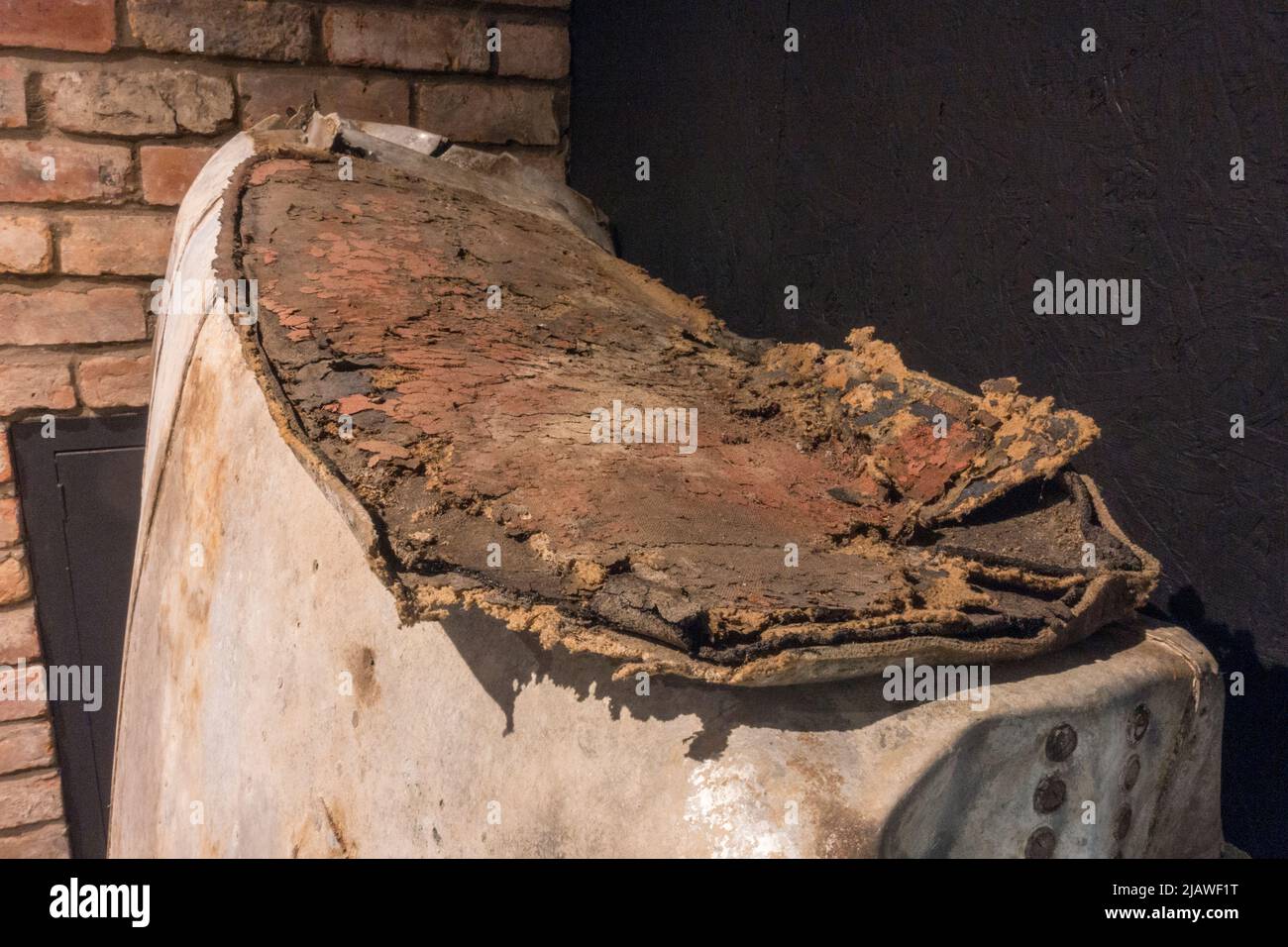 Remains of a self-sealing aircraft fuel tank (Lancaster II or Halifax bomber),  Eden Camp Modern History Theme Museum, North Yorkshire, England. Stock Photo