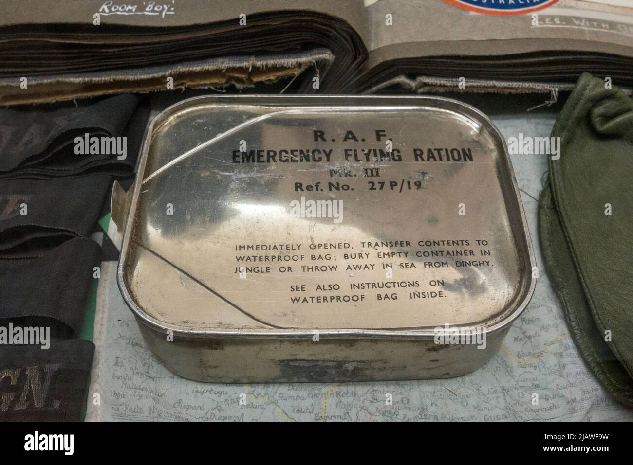 A RAF Emergency flying ration can in the Eden Camp Modern History Theme Museum near Malton, North Yorkshire, England. Stock Photo