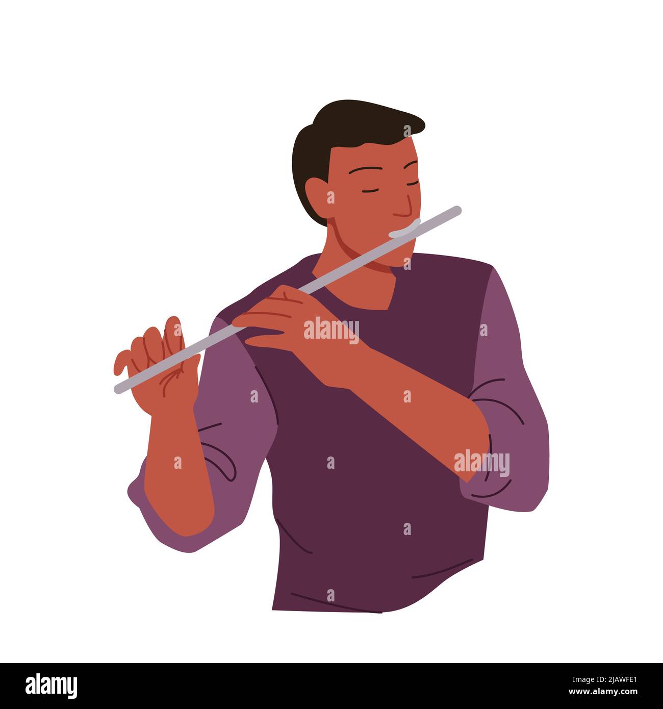 Man playing flute, male flutist holding musical instrument to blow and play classic music Stock