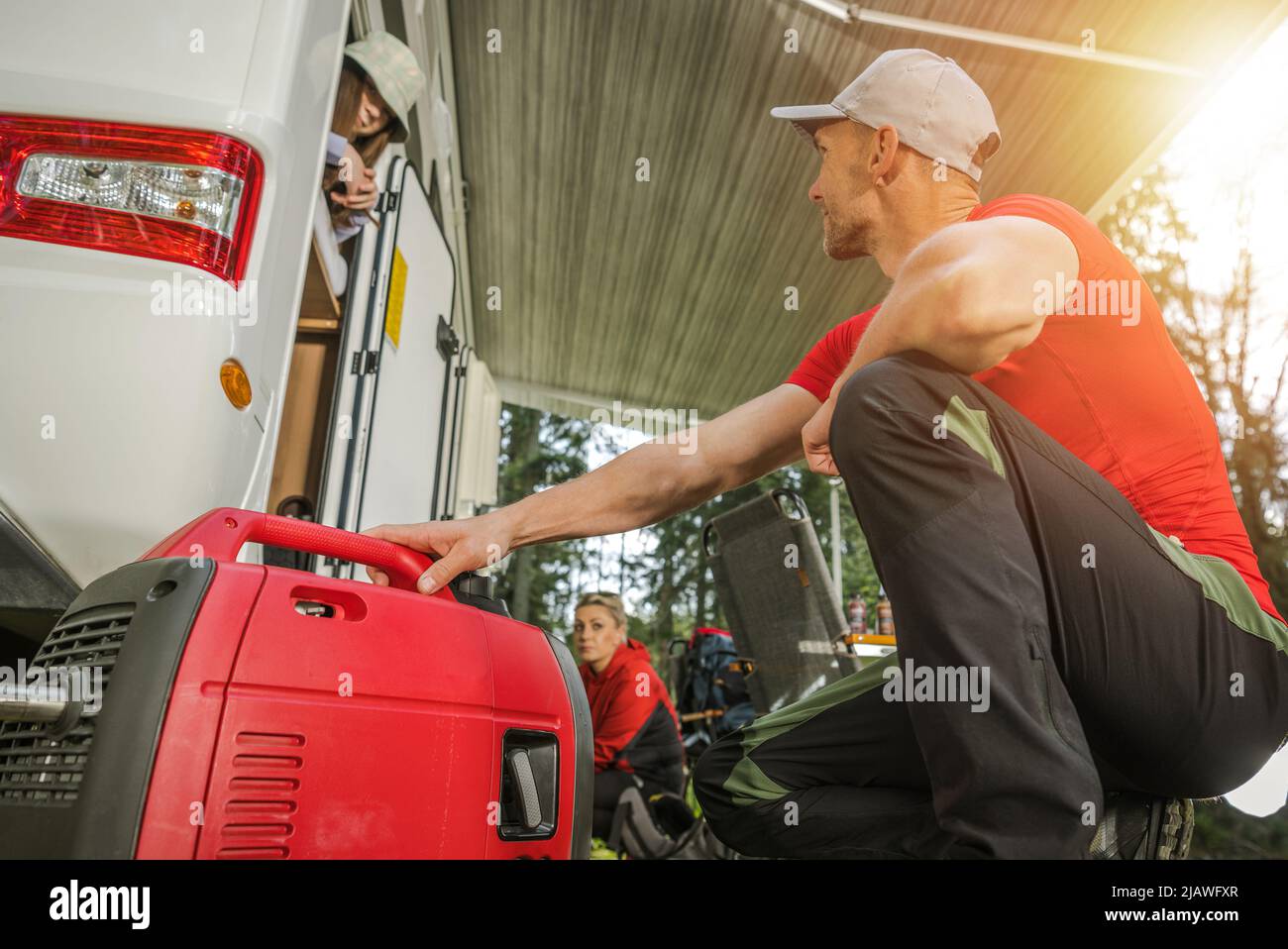 Caucasian Family Camping in Their Camper Van During Vacation Road Trip