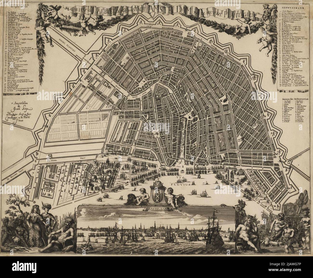 Vintage city plan of Amsterdam and area around it from 16th-18th century. Maps are beautifully hand illustrated and engraved showing it at the time. Stock Photo