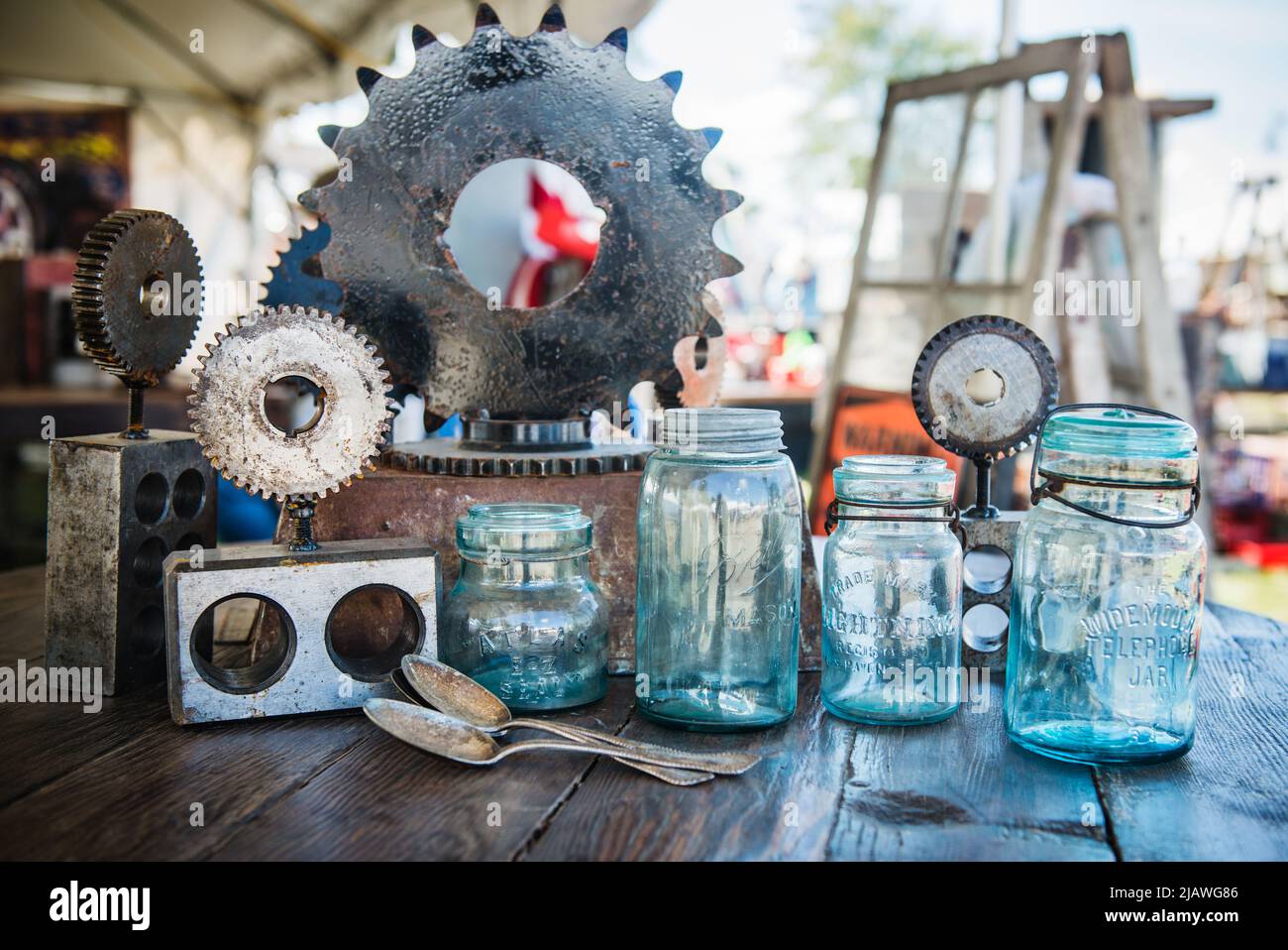 Antiques for sale at Brimfield flea market, Massachusetts Stock Photo