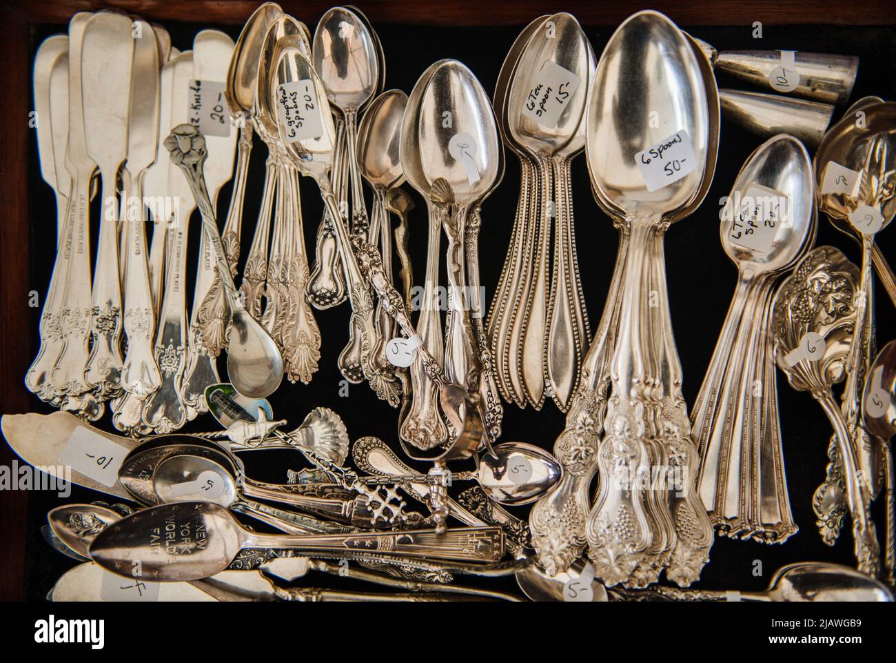 Antique silverware at Brimfield flea market, Massachusetts Stock Photo Alamy