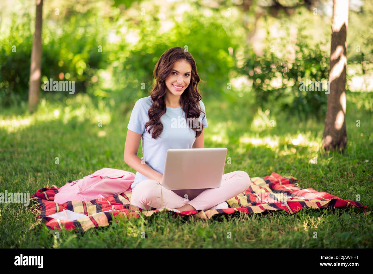 Full length body size photo female programmer using computer in city ...