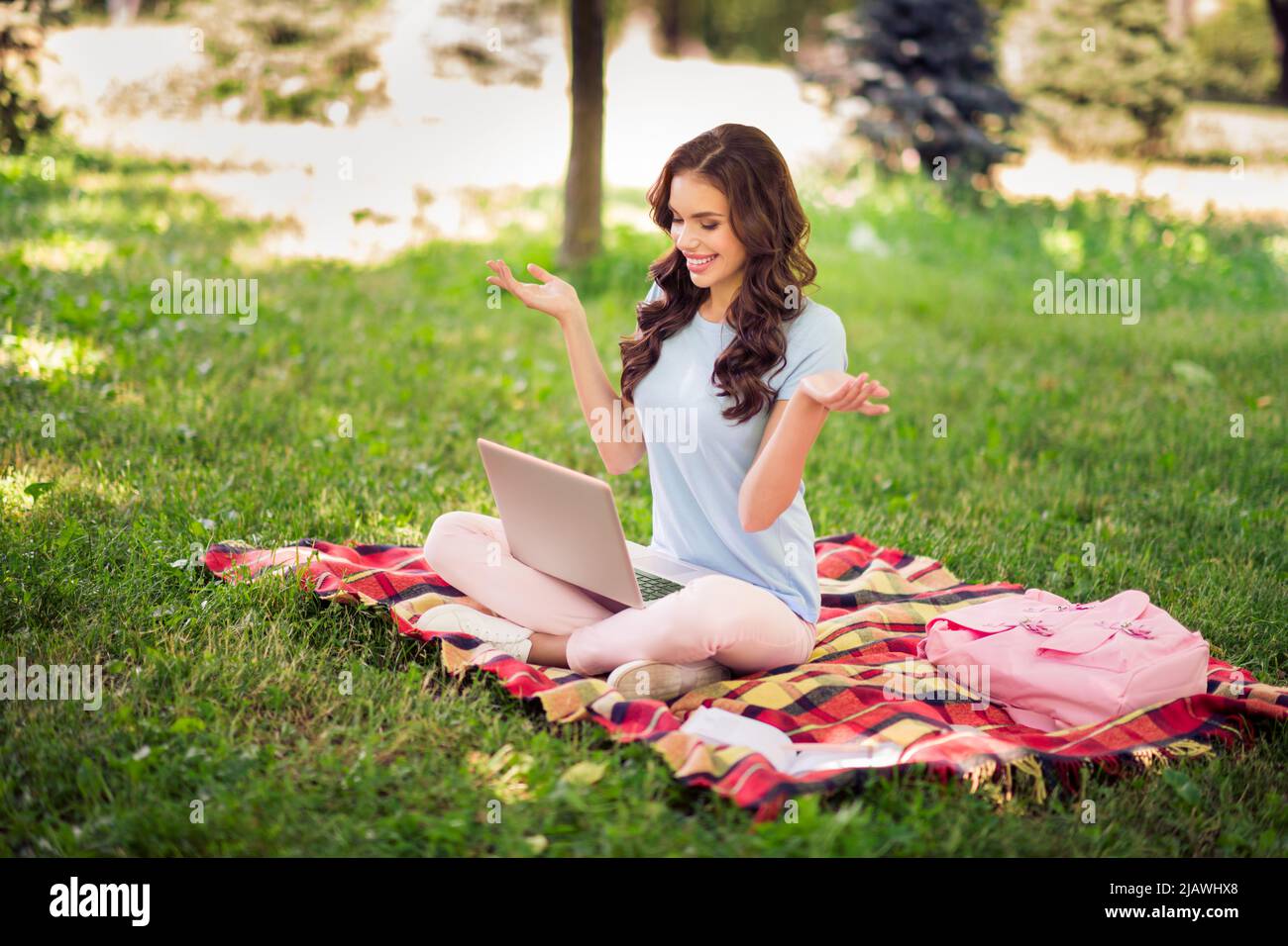 Full length body size photo female programmer using computer got online ...