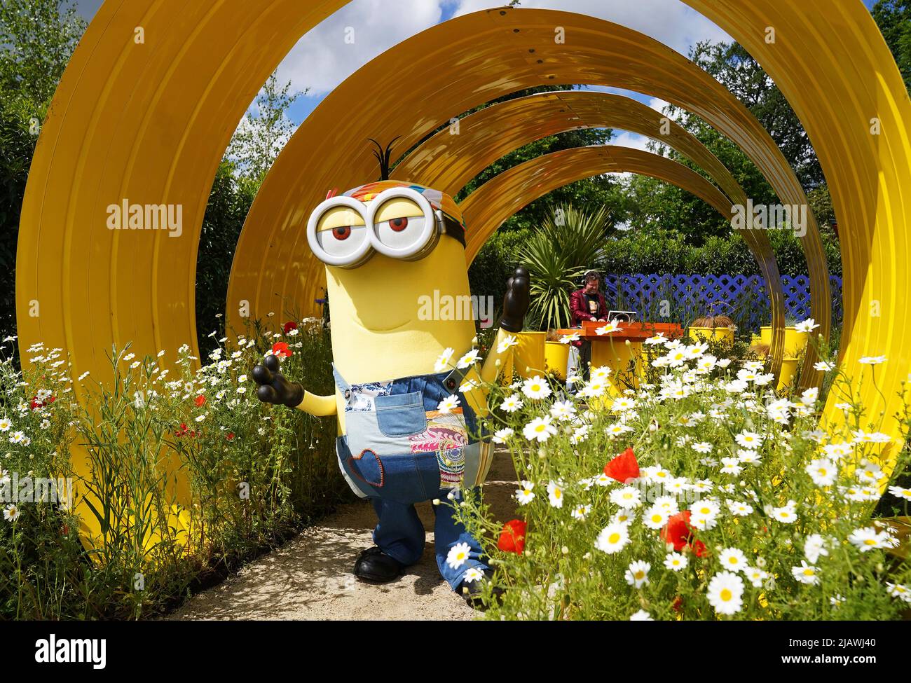 'Kevin the minion' dances to a set by DJ Fromage in a garden entitled 'The Minions Garden' at a preview of the Bord Bia Bloom garden festival which opens in Phoenix Park in Dublin tomorrow. Picture date: Wednesday June 1, 2022. Stock Photo