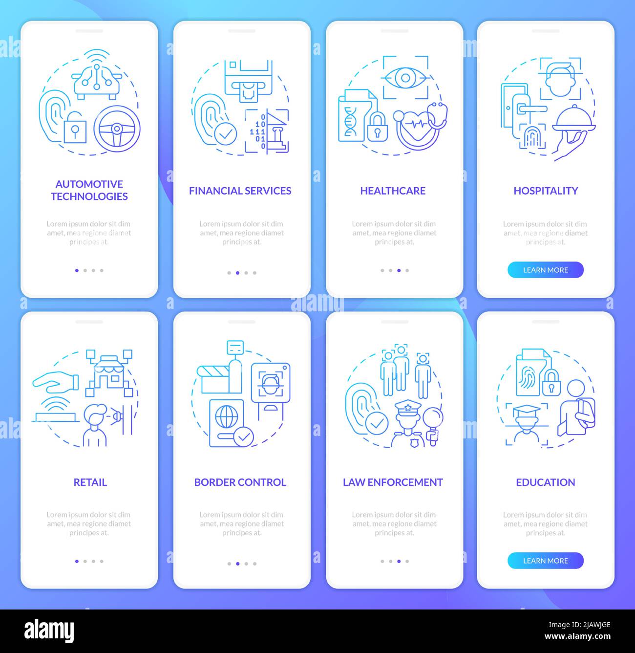 Usage of biometric technology blue gradient onboarding mobile app screen set Stock Vector