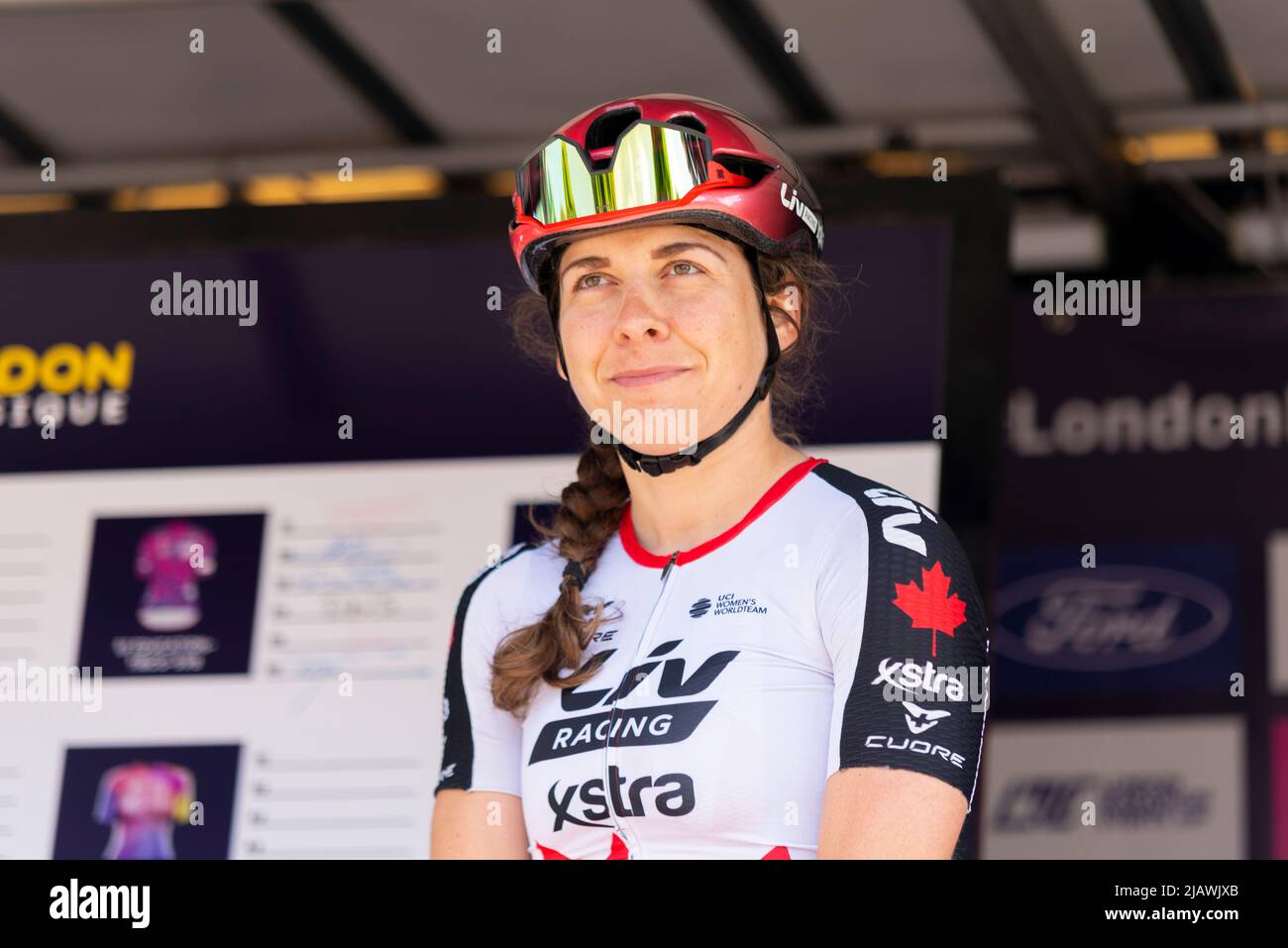 Alison Jackson of Liv Racing Xstra the RideLondon Classique cycle race, stage 1, at Maldon, Essex, UK. Canadian national champion jersey Stock Photo