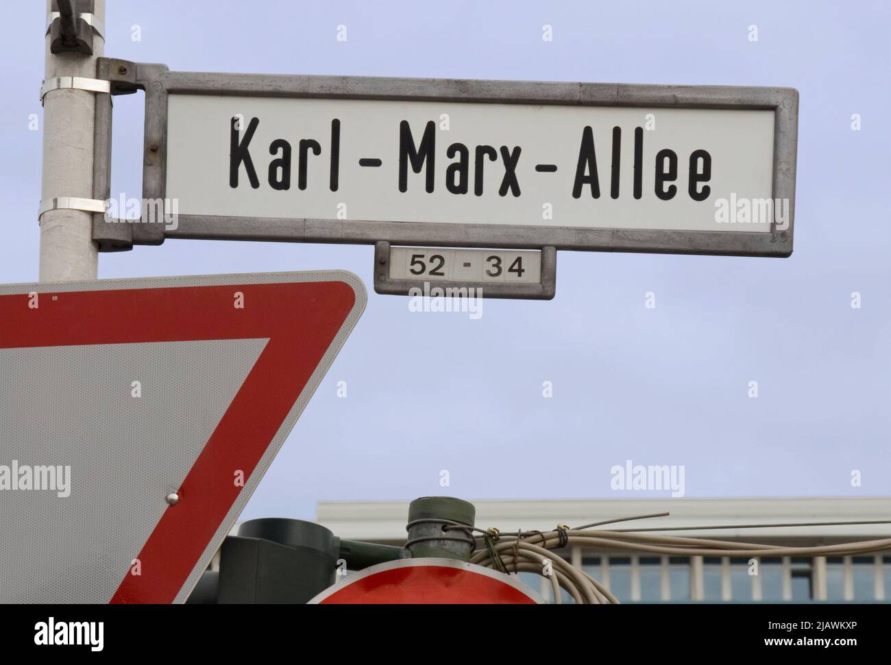 street sign Karl Marx Allee, Friedrichshain, Berlin, Germany Stock Photo