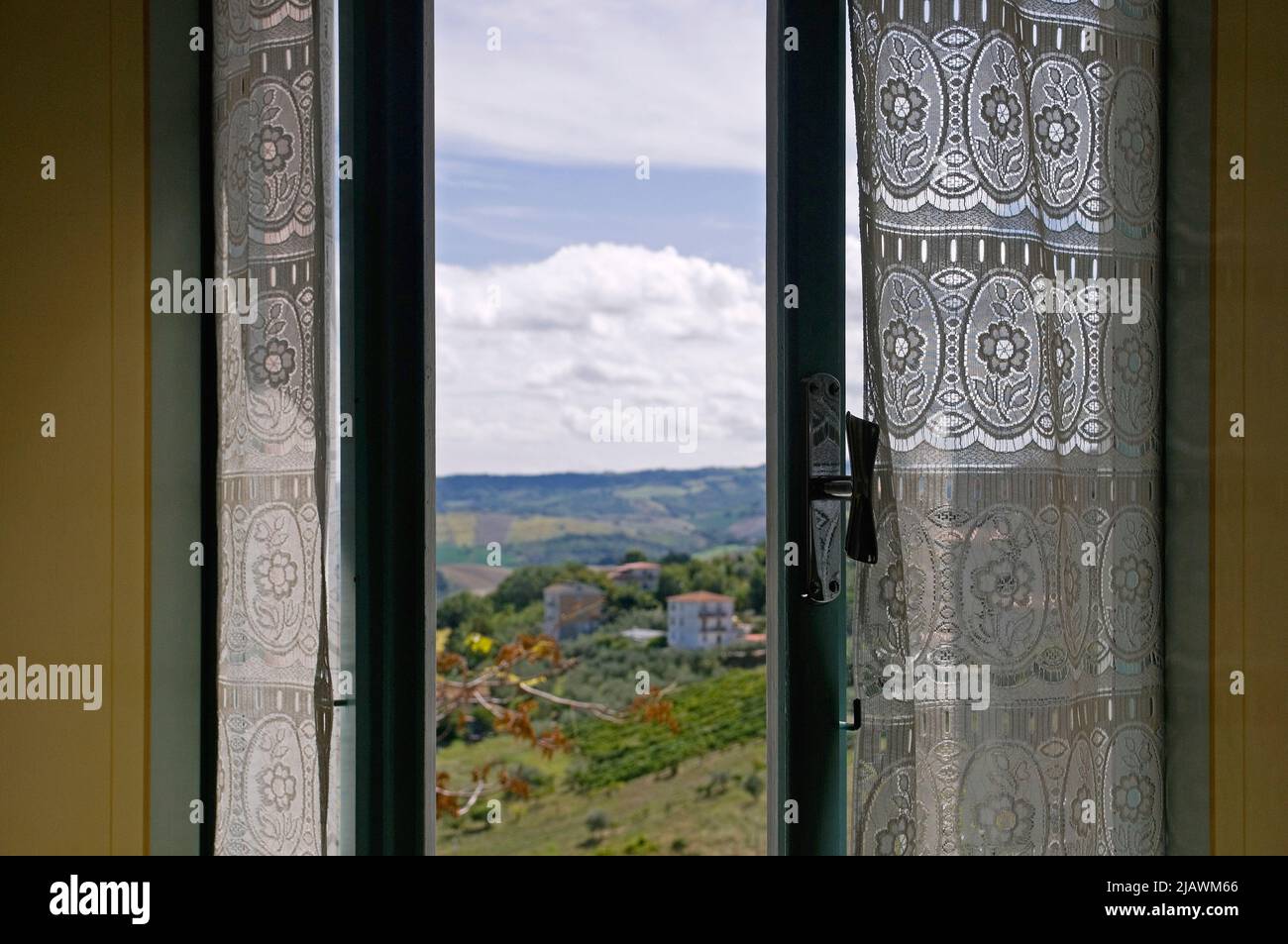 a window with a view on the countryside,  Fermo, Marche region, Italy Stock Photo