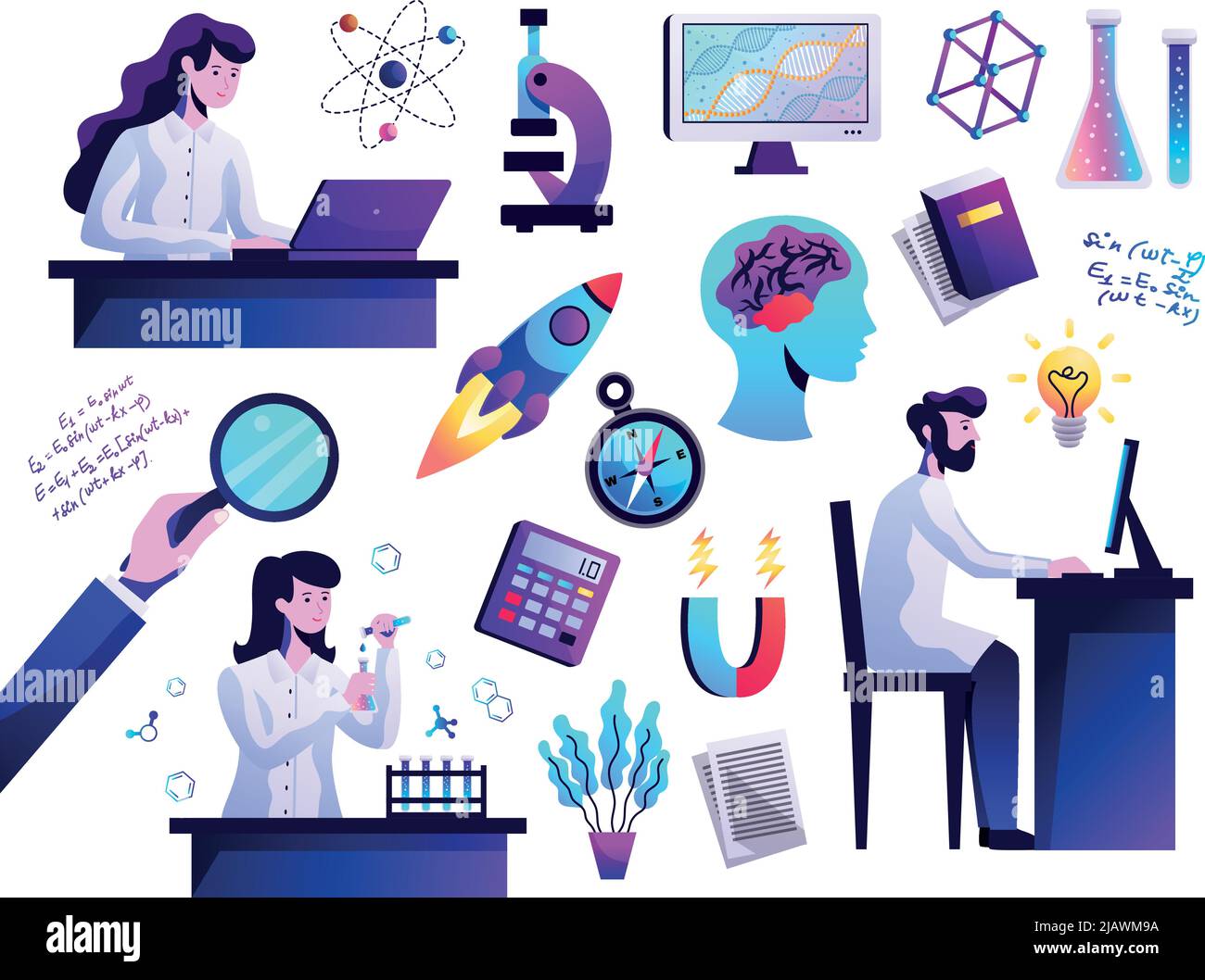 Science symbols abstract colorful icons set with young researcher behind computer atom model microscope isolated vector illustration Stock Vector