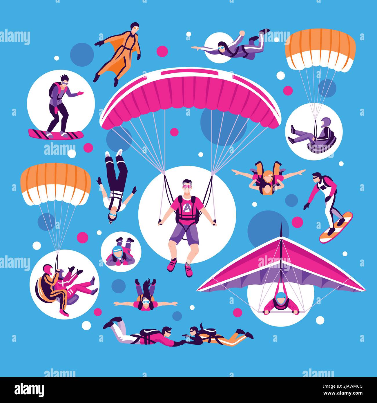 Skydiving and parachuting set on blue background flat isolated vector ...