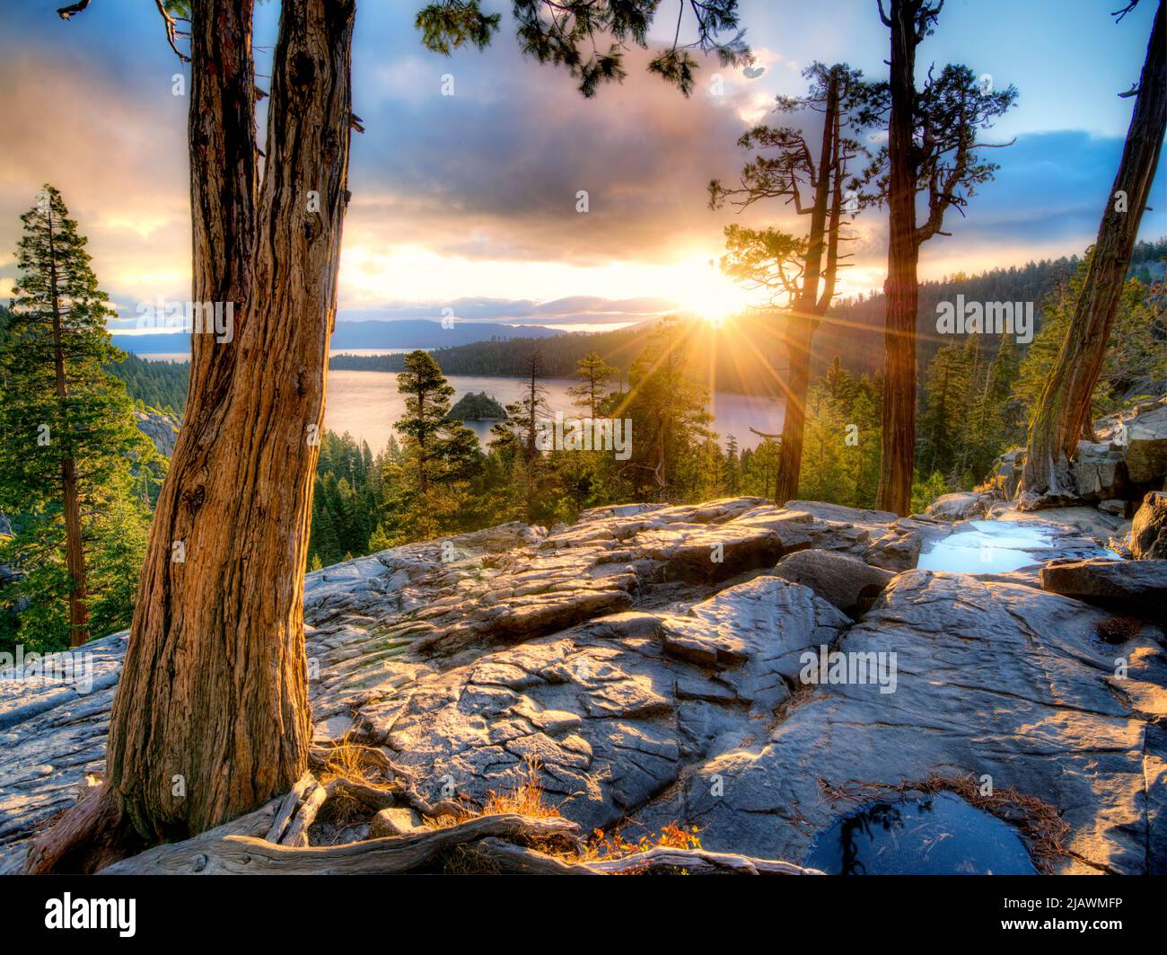 Sunrise over Emerald Bay with Eagle Creek and Fannette Island, Lake Tahoe, California. Stock Photo