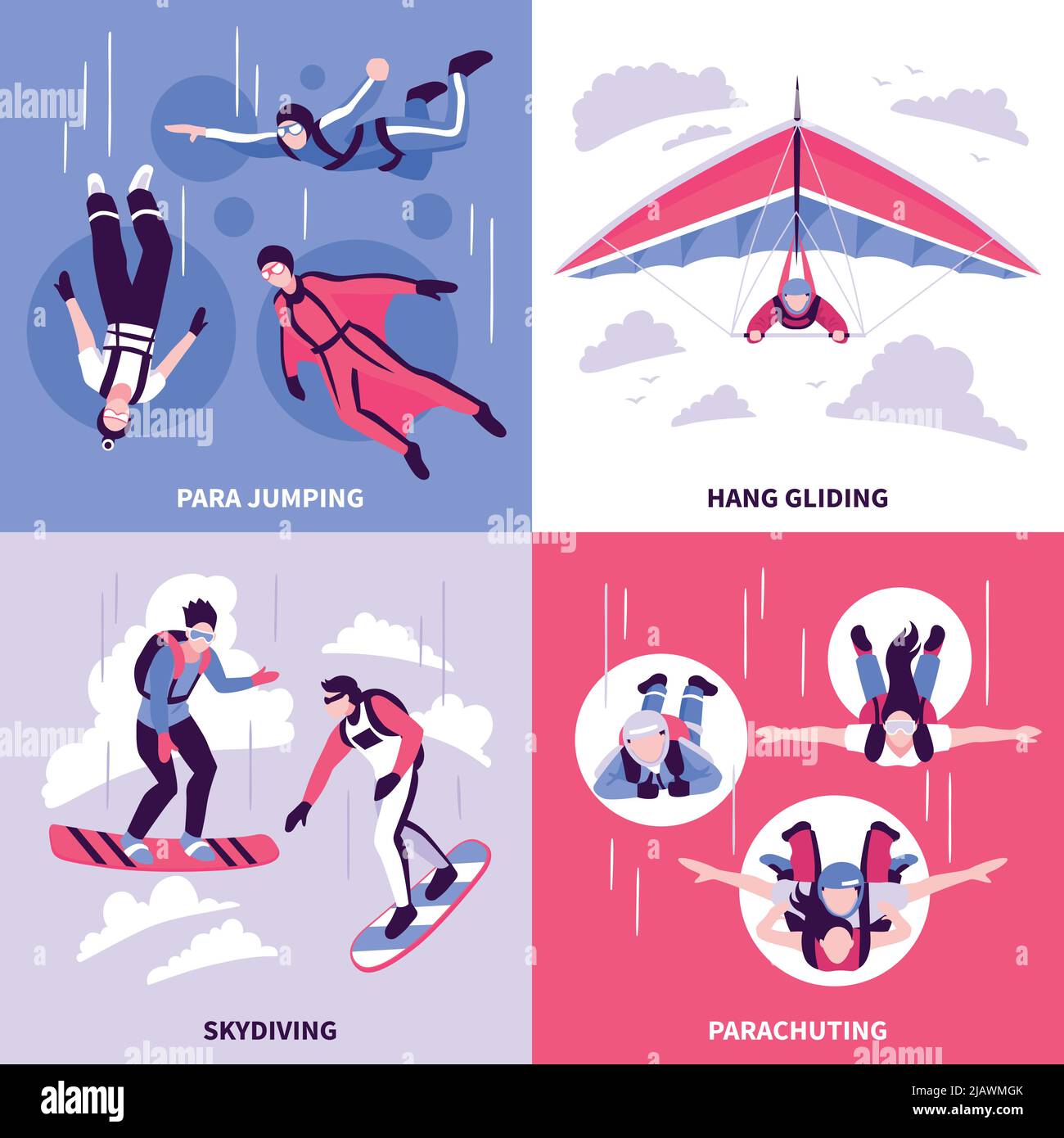 Skydiving concept icons set with hang gliding symbols flat isolated