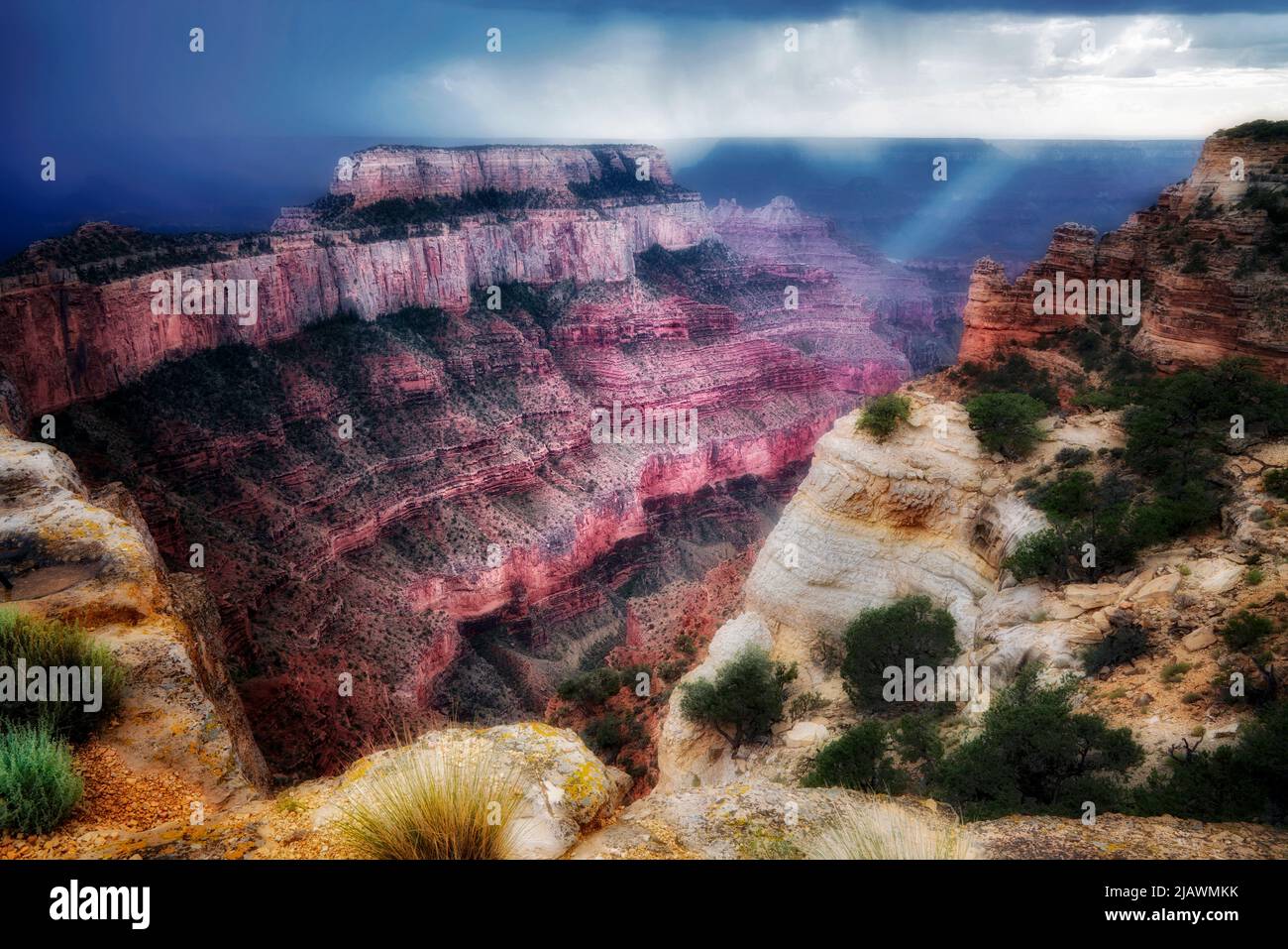 Thunderstorm and shaft of light at Cape Royal. Grand Canyon National Park, Arizona Stock Photo