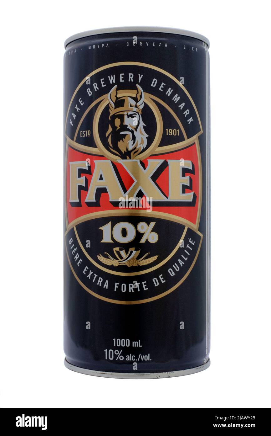 can of royal unibrew faxe 10% lager cut out on white background Stock Photo