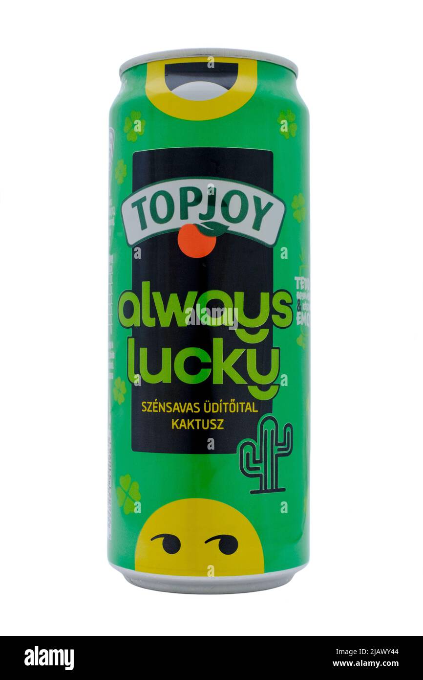 can of topjoy always lucky hungarian carbonated soft drink cut out on white background Stock Photo