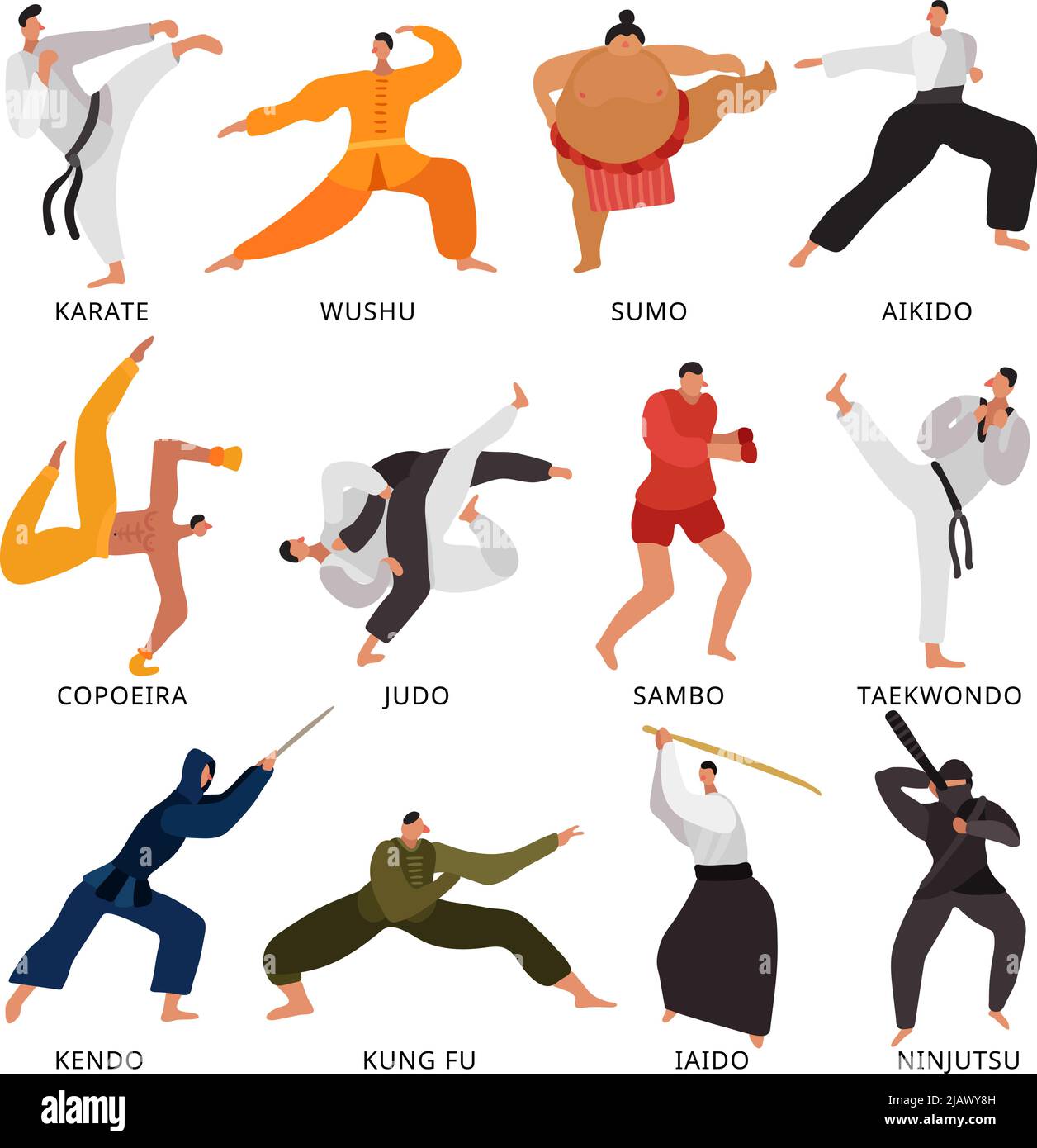 Set of flat icons fighters of various martial arts in uniform with