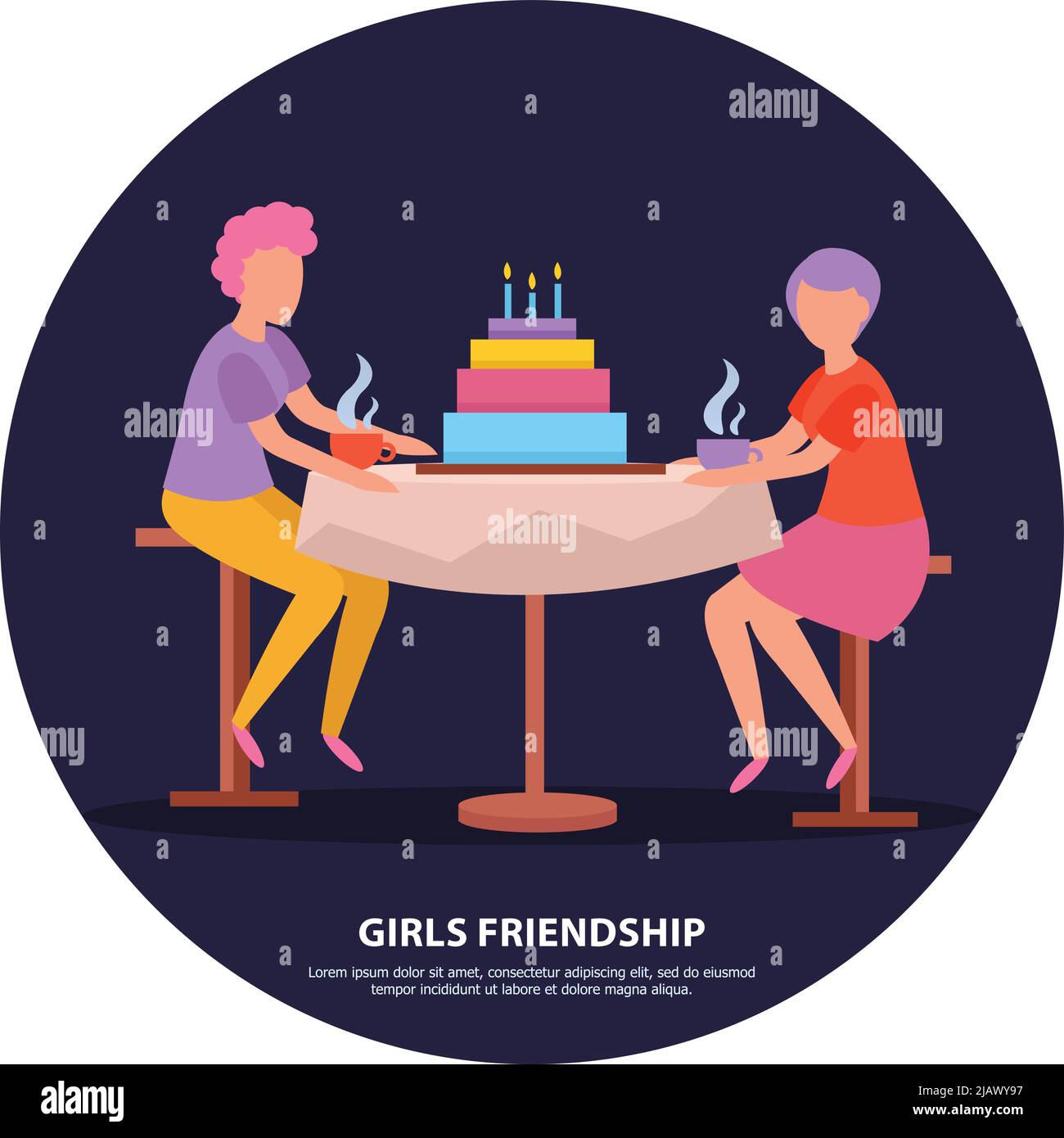 Grown up girlfriends birthday party night celebration orthogonal dark background friendship poster with colorful cake vector illustration Stock Vector