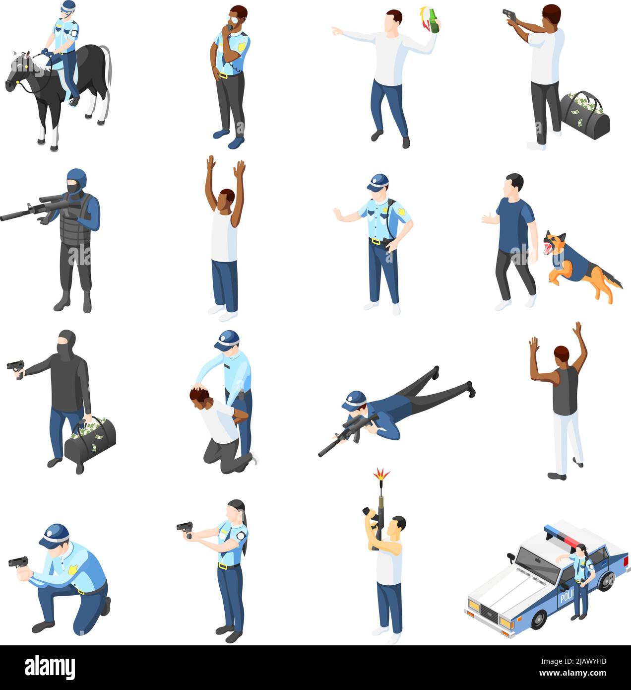 Gangs and police isometric icons set of officer with weapons training ...