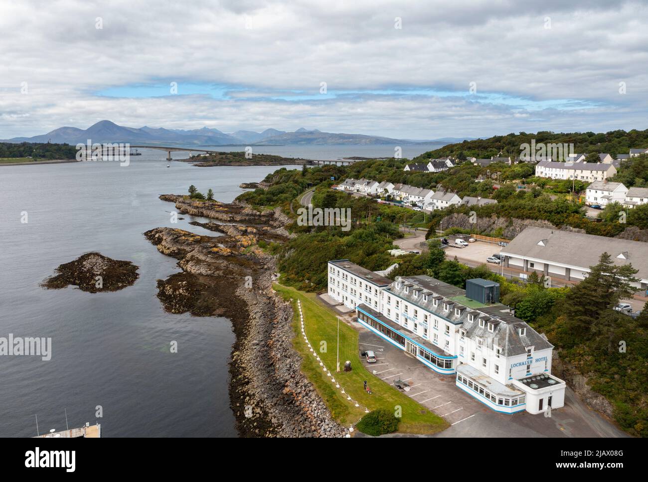 Aerial view of the Kyle of Lochalsh, Ross, Skye and Lochaber district, Scotland, United Kingdom. Stock Photo