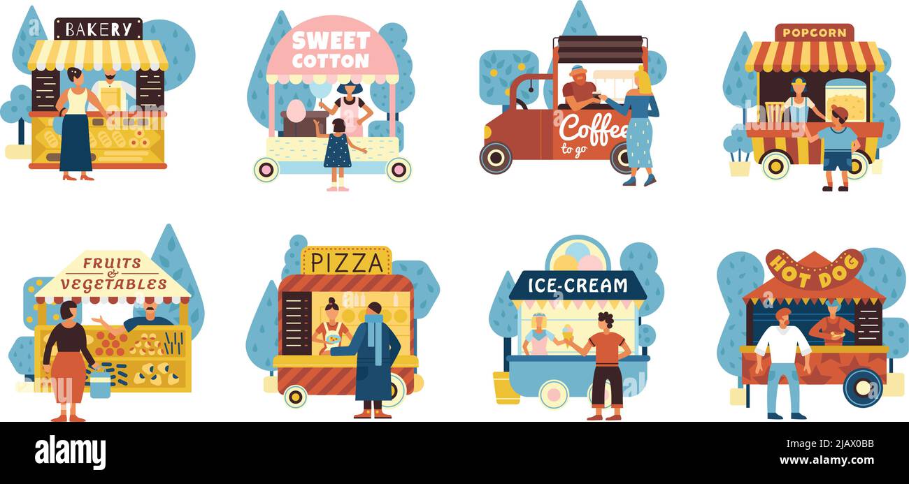Street food icons set with sellers and buyers symbols flat isolated vector illustration Stock Vector
