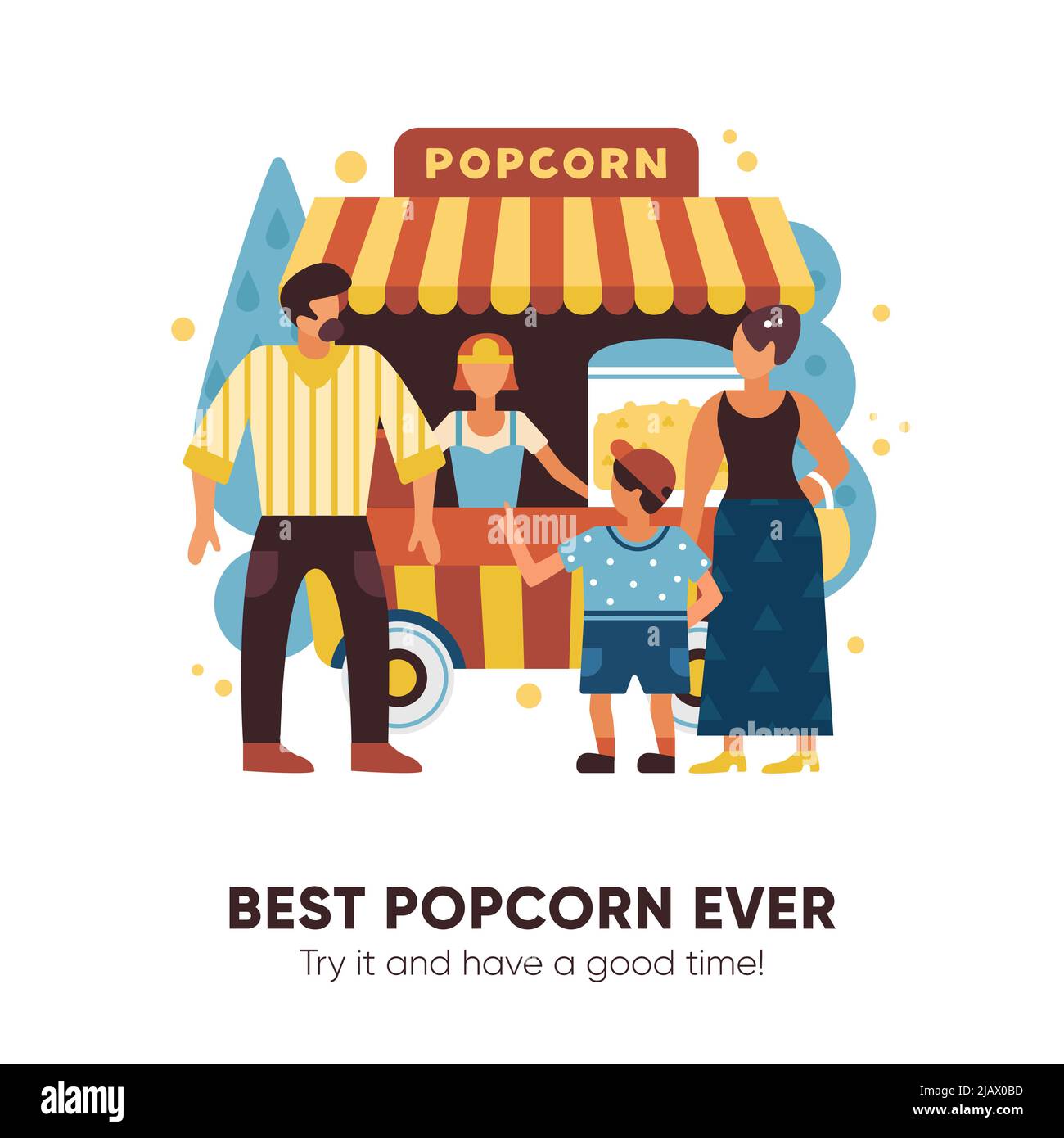 Popcorn van with sellers buyers and family symbols flat vector illustration Stock Vector
