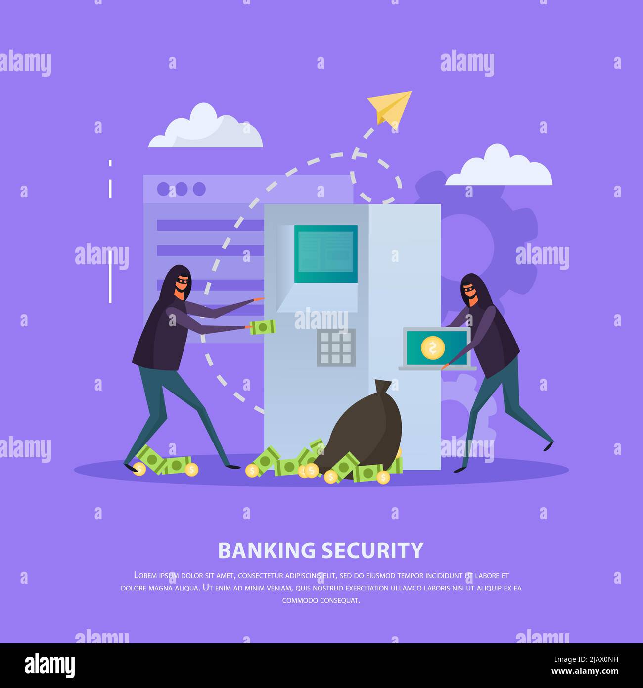 Banking security flat composition with hackers during atm robbery on violet background vector illustration Stock Vector