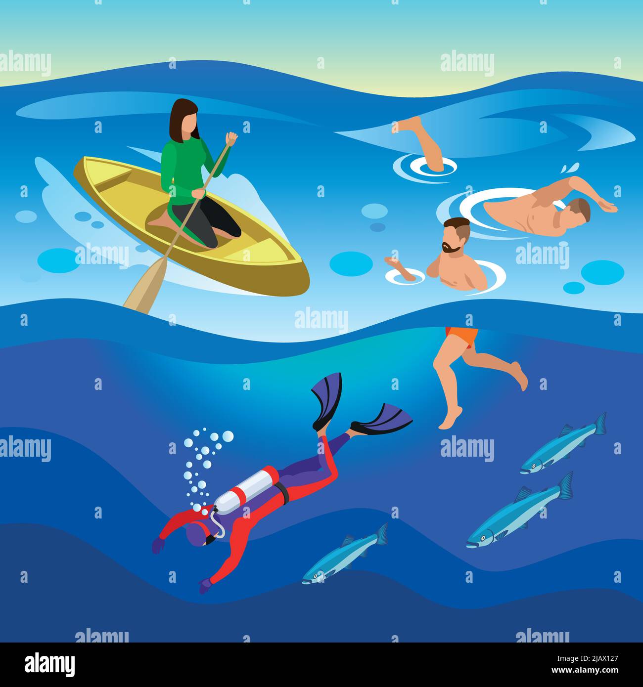 Sea outdoor activities composition with swimminf and diving symbols isometric vector illustration Stock Vector