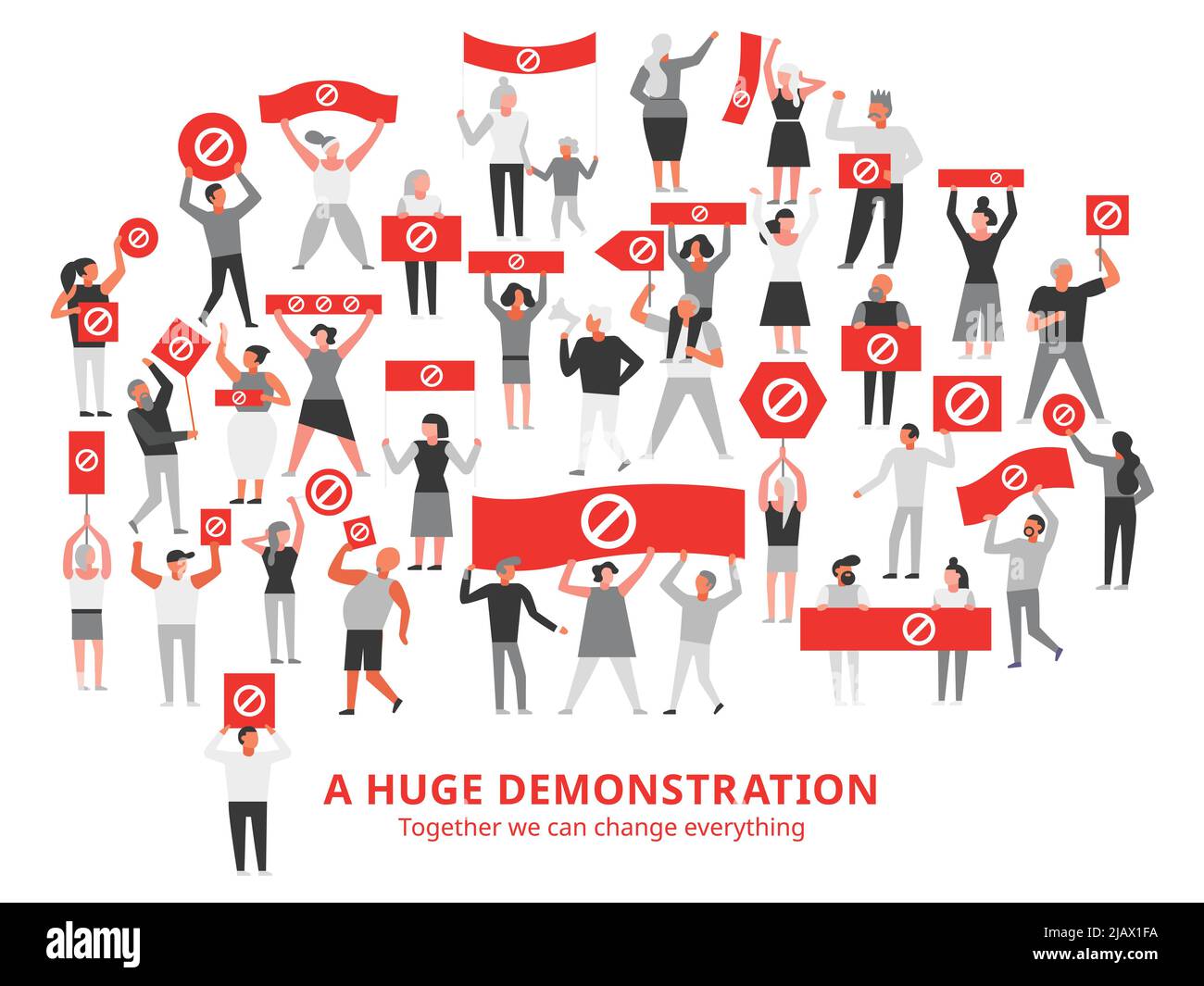 Crowd of protesting people with prohibiting sign on red placards during ...