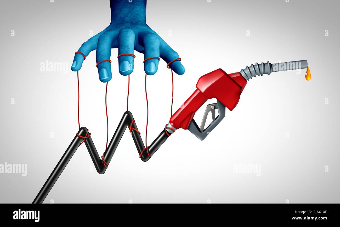 Energy price control and rising cost of gas and gouging petroleum prices or manipulation by a puppet master as a secretive hand controlling the fuel Stock Photo