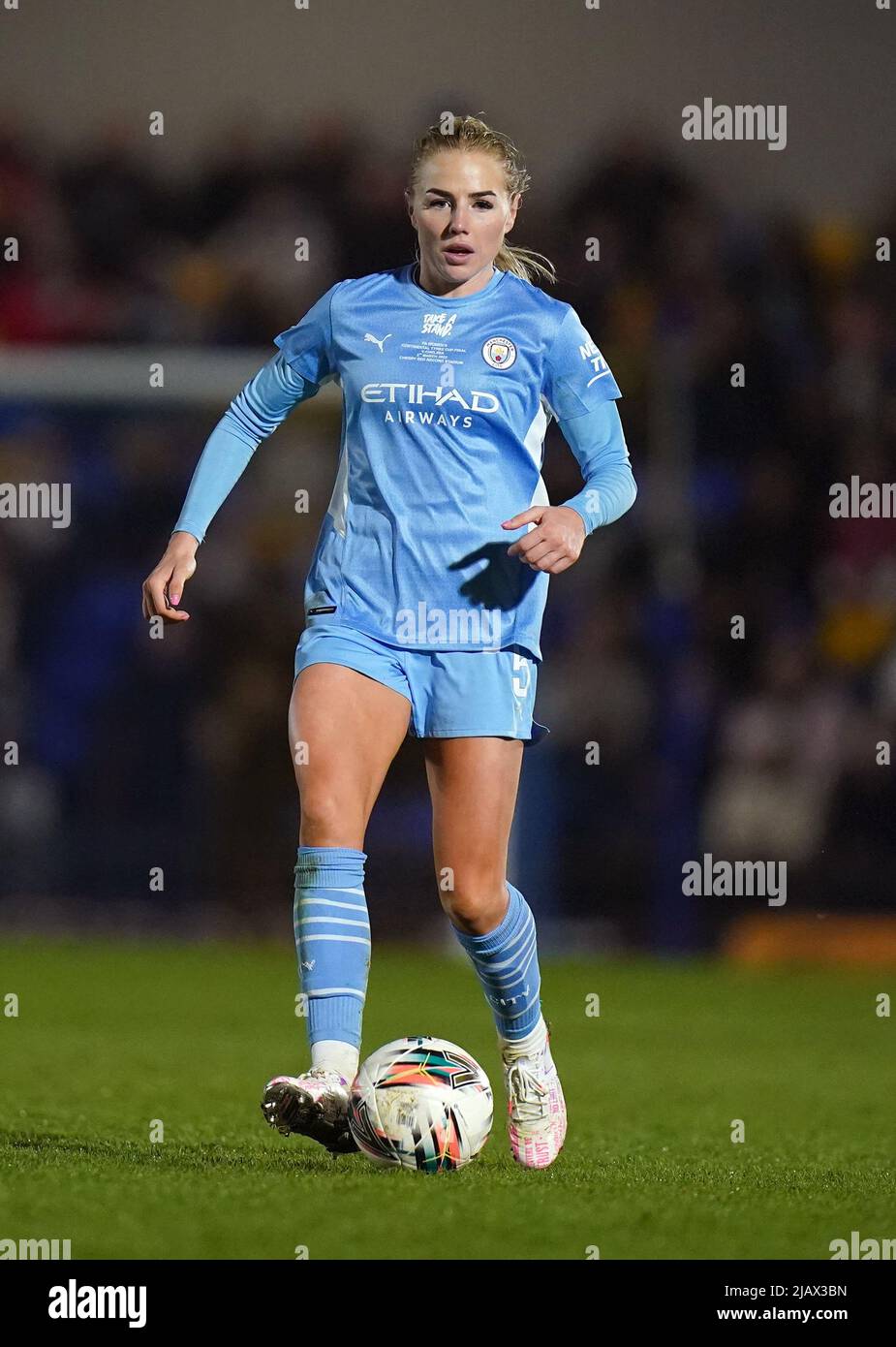 File photo dated 05-03-2022 of Manchester City's Alex Greenwood. Hemp has also made the shortlist for the PFA Women’s Player of the Year alongside City team-mate Alex Greenwood. The pair face stiff competition from Chelsea duo Sam Kerr and Pernille Harder, who helped their team win the domestic double. Arsenal’s classy Dutch forward Vivianne Miedema and her Gunners team-mate Kim Little compete the main player of the year shortlist. . Issue date: Wednesday June 1, 2022. Stock Photo