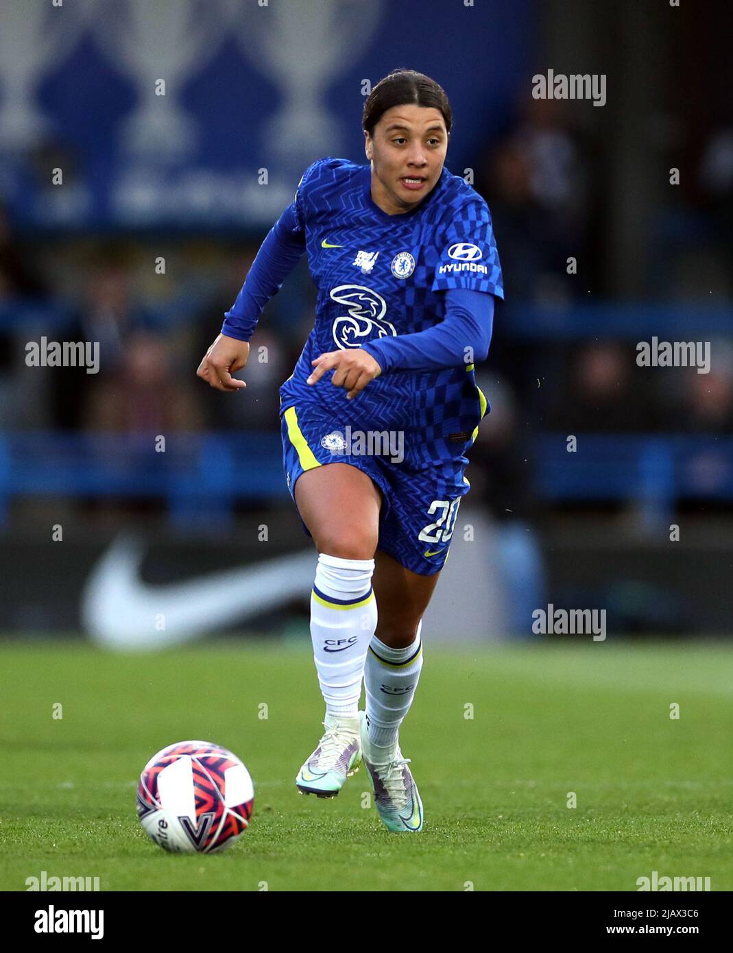File photo dated 03-04-2022 of Chelsea's Sam Kerr. Hemp has also made the shortlist for the PFA Women’s Player of the Year alongside City team-mate Alex Greenwood. The pair face stiff competition from Chelsea duo Sam Kerr and Pernille Harder, who helped their team win the domestic double. Arsenal’s classy Dutch forward Vivianne Miedema and her Gunners team-mate Kim Little compete the main player of the year shortlist. . Issue date: Wednesday June 1, 2022. Stock Photo