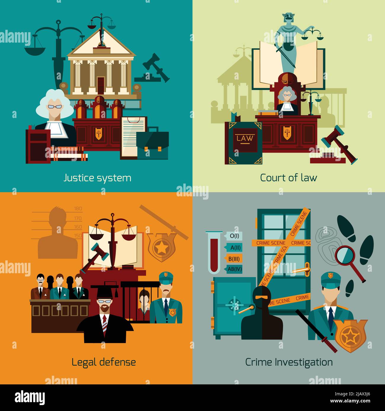 Law design concept set with legal defence flat icons isolated vector