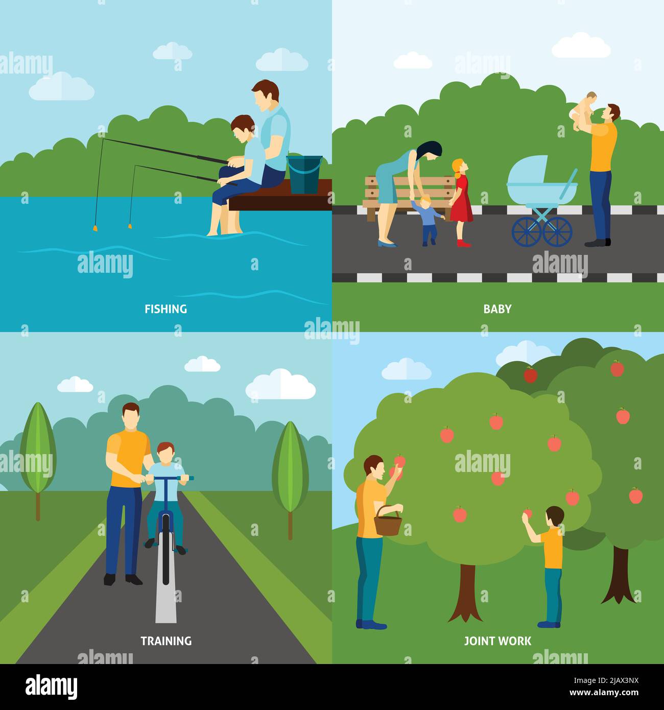 Four color  fatherhood flat posters set with father and his children vector illustration Stock Vector