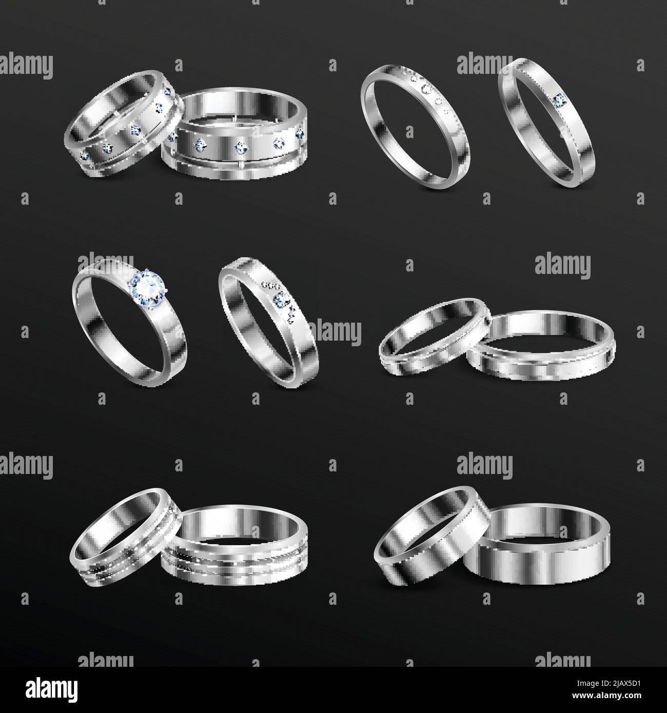 White gold platina noble metals wedding rings 6 realistic isolated sets jewelry against black background vector illustration Stock Vector