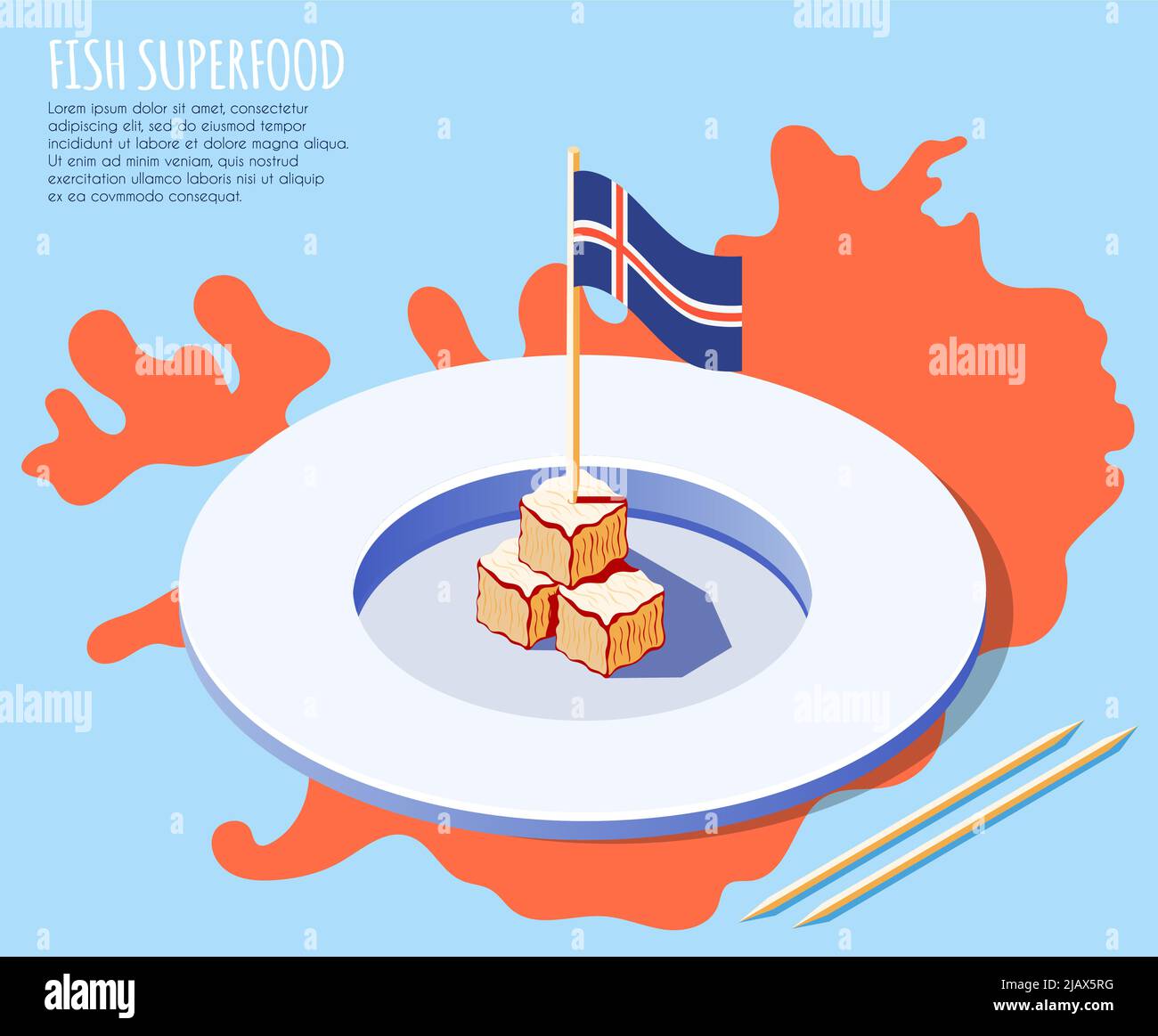 Fish superfood isometric background with plate of dried shark meat on iceland map and national flag vector illustration Stock Vector