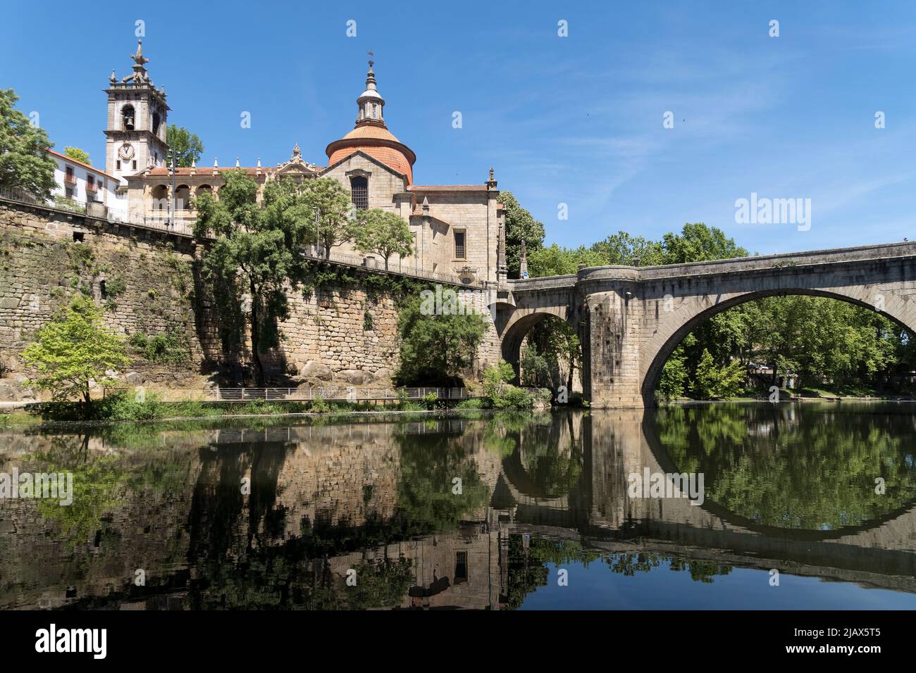 View of Amarante historic city in Portugal with the St. Goncalo church on Tamega River and Sao Goncalo bidge Stock Photo