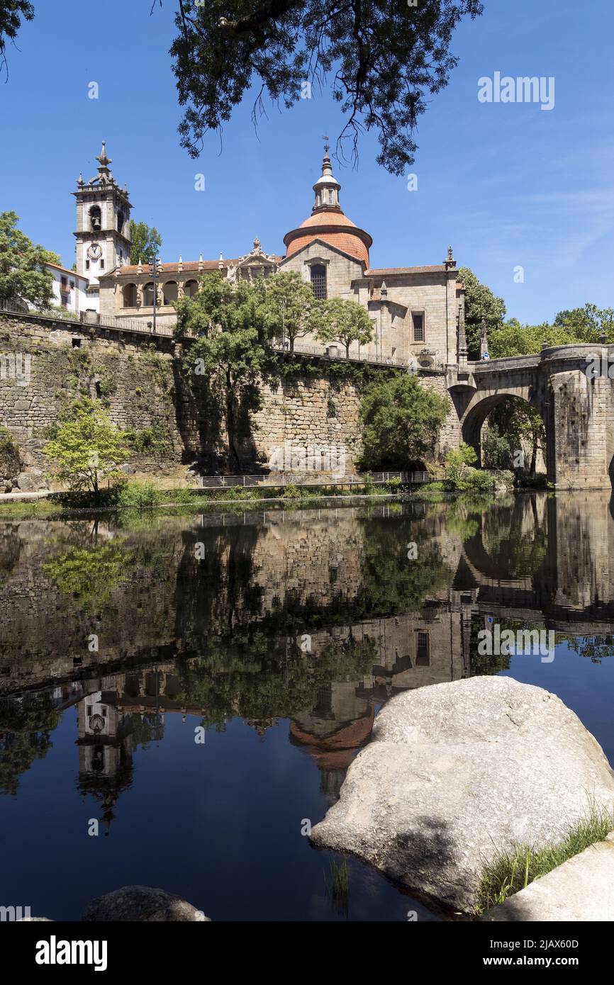 View of Amarante historic city in Portugal with the St. Goncalo church on Tamega River and Sao Goncalo bidge Stock Photo