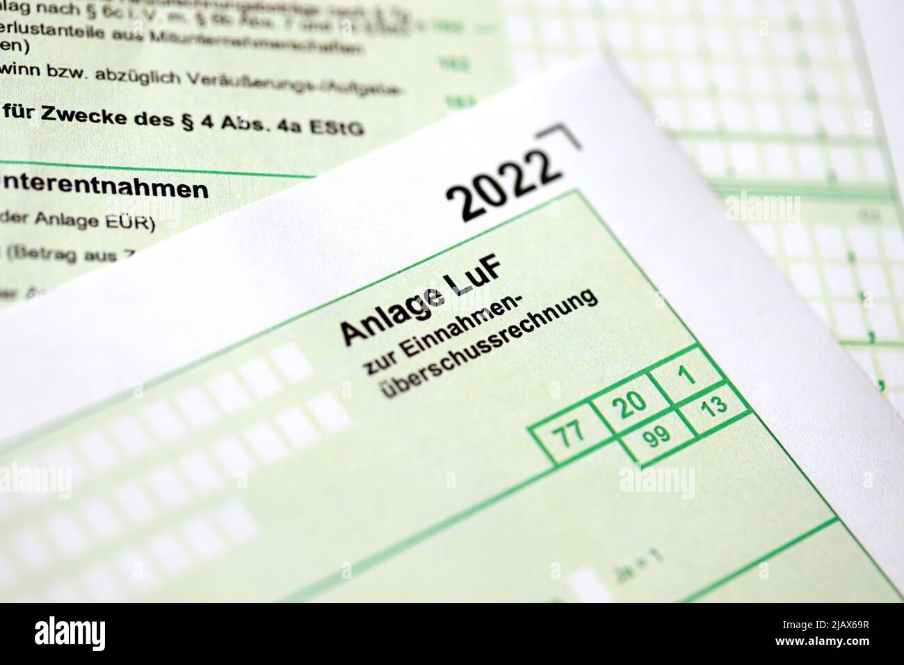 Anlage LuF - German 2022 excess income calculation and Information on determining profits from forestry. The concept of taxation and accountant paperw Stock Photo