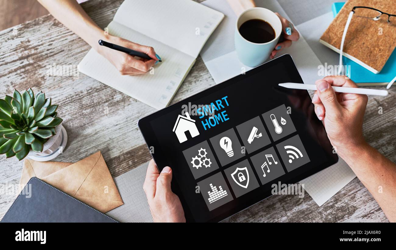 Smart home concept, control panel software on device screen. Stock Photo