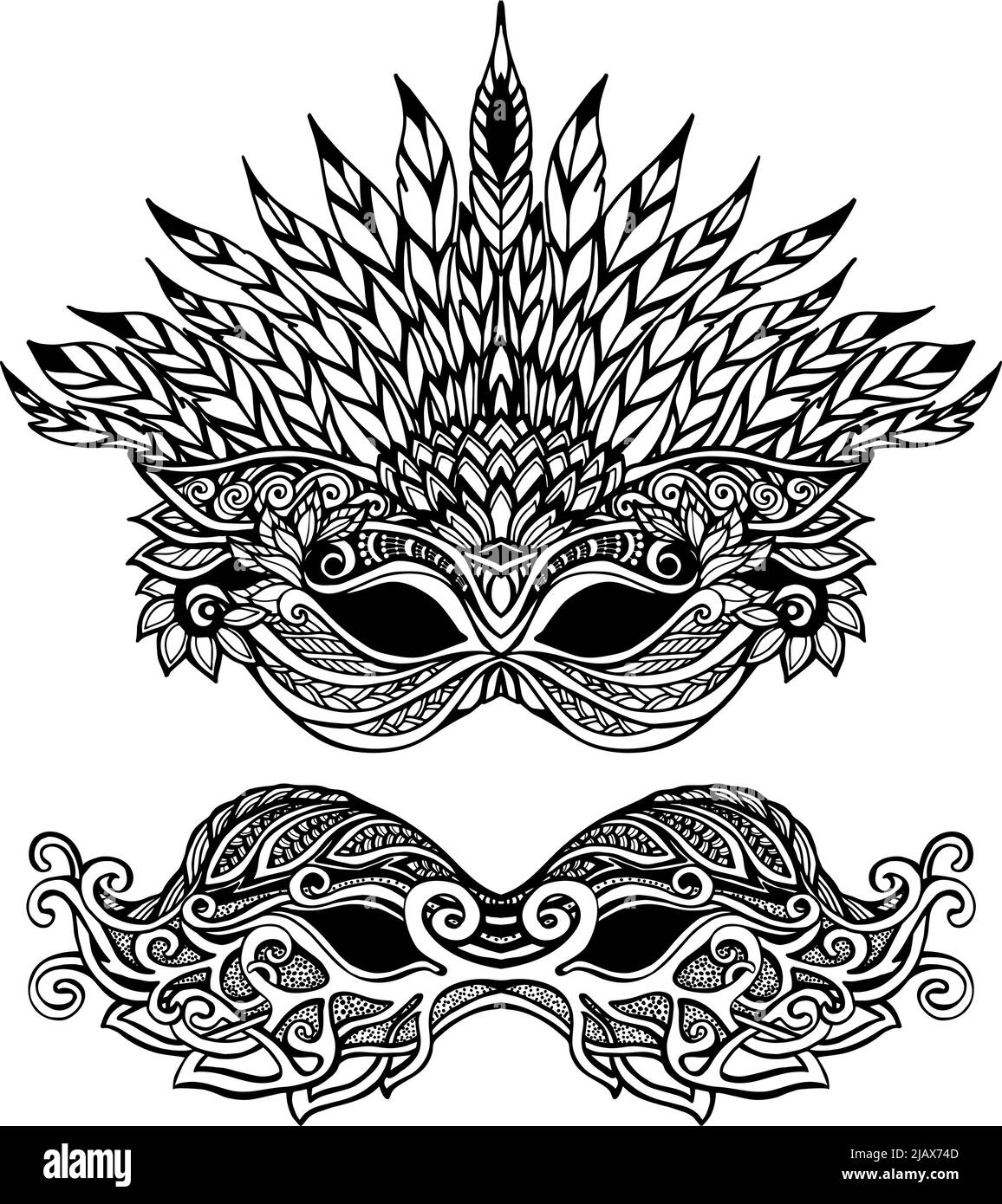 Decorative carnival mask set with feathers and ornaments isolated vector illustration Stock Vector