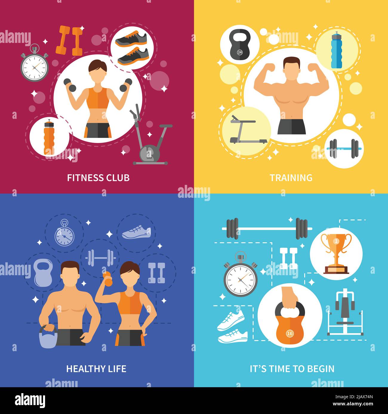 Fitness club sports training and time to begin healthy life flat color concept isolated vector illustration Stock Vector