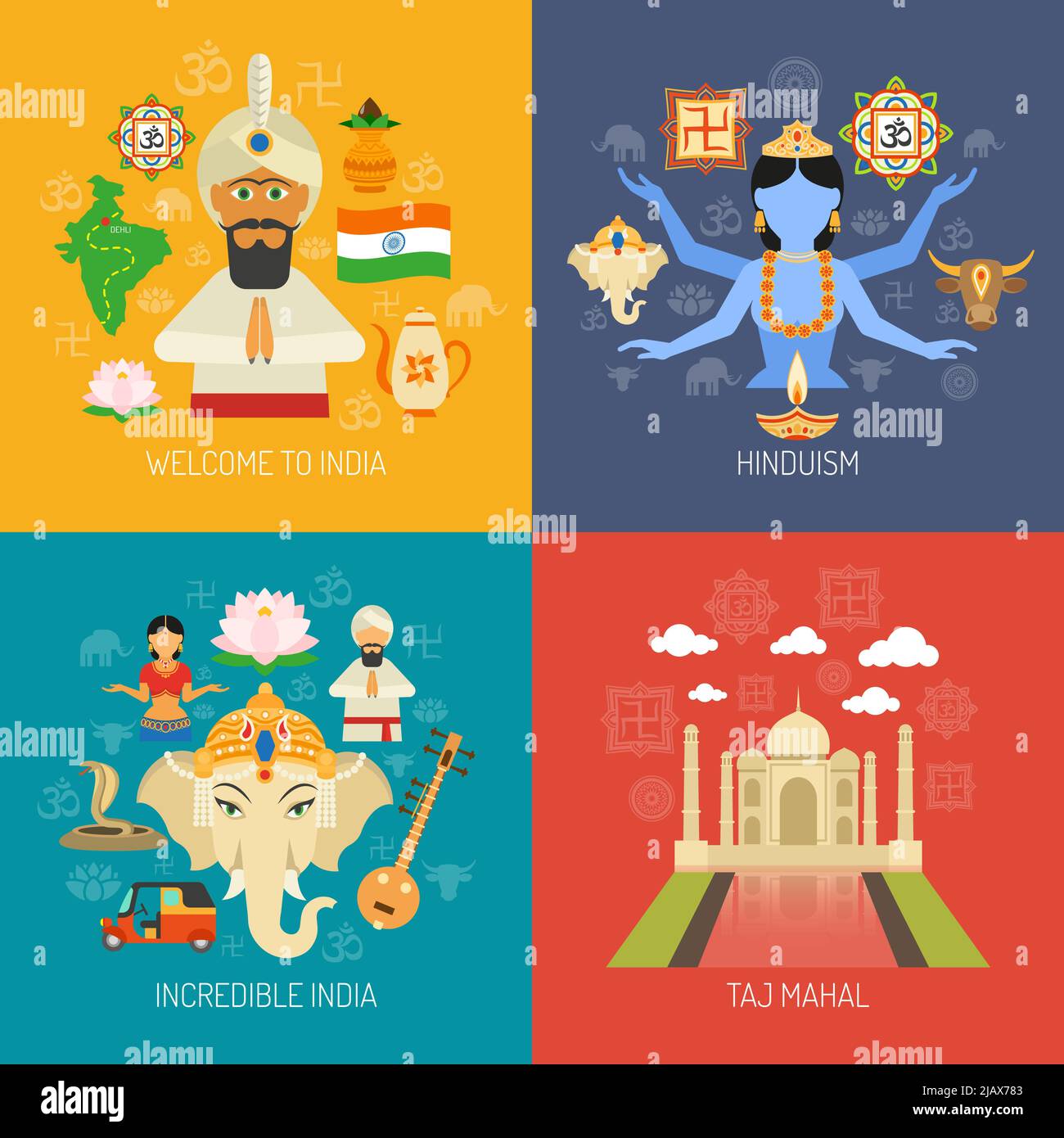 India design concept set with hinduism religion flat icons isolated vector illustration Stock Vector